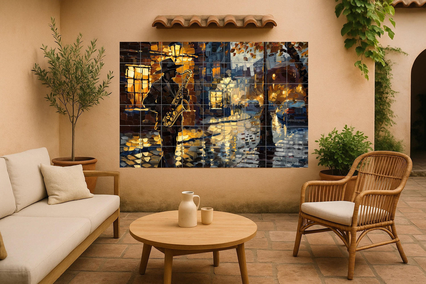 New Orleans Jazz Mural • Saxophone Tile Mural Art • Bourbon Street Decor • Night Music Panel • French Quarter Pottery • Blues Scene in the Rain