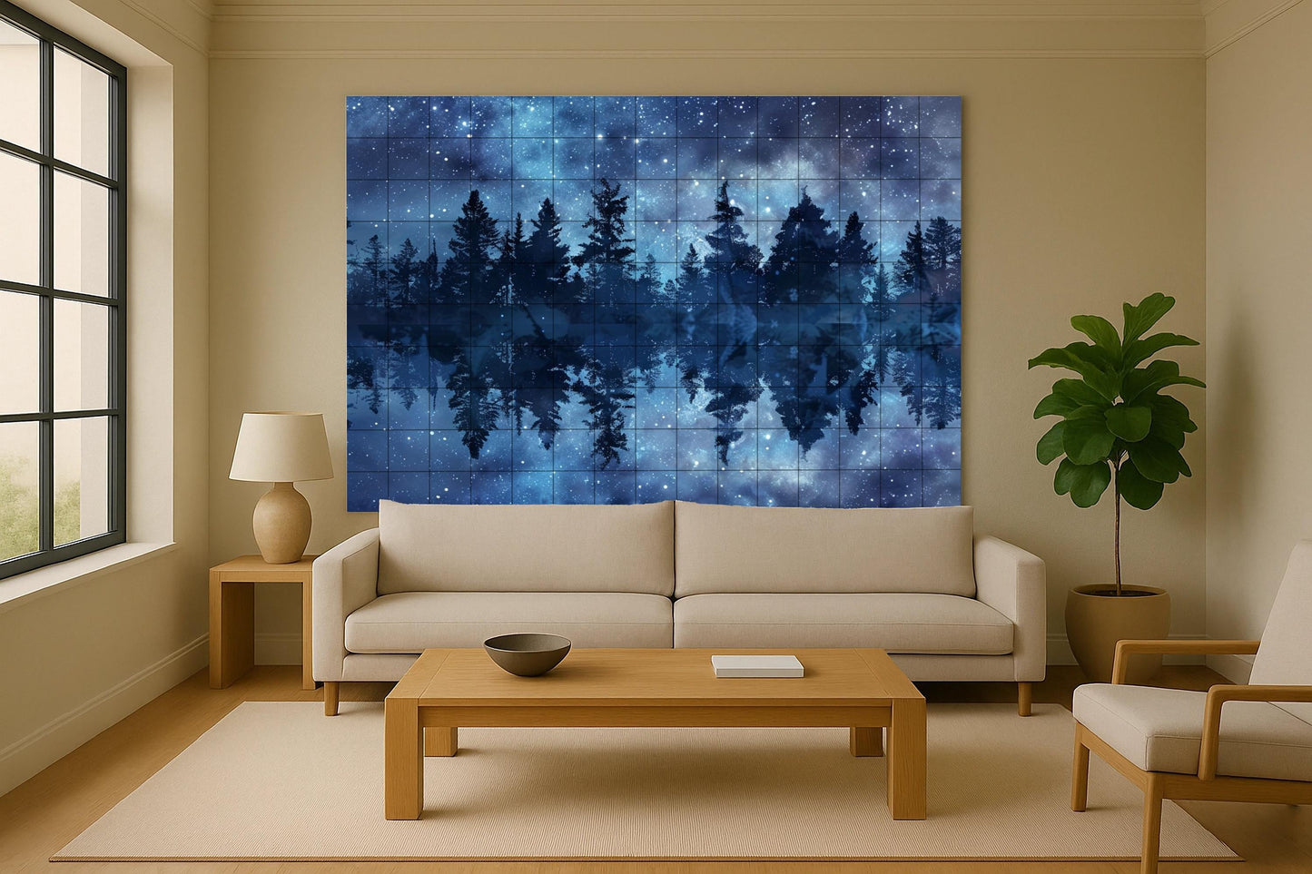 Reflections of the Celestial Forest • Ceramic tile mural with starry sky and pine trees for modern Nordic-inspired wall art