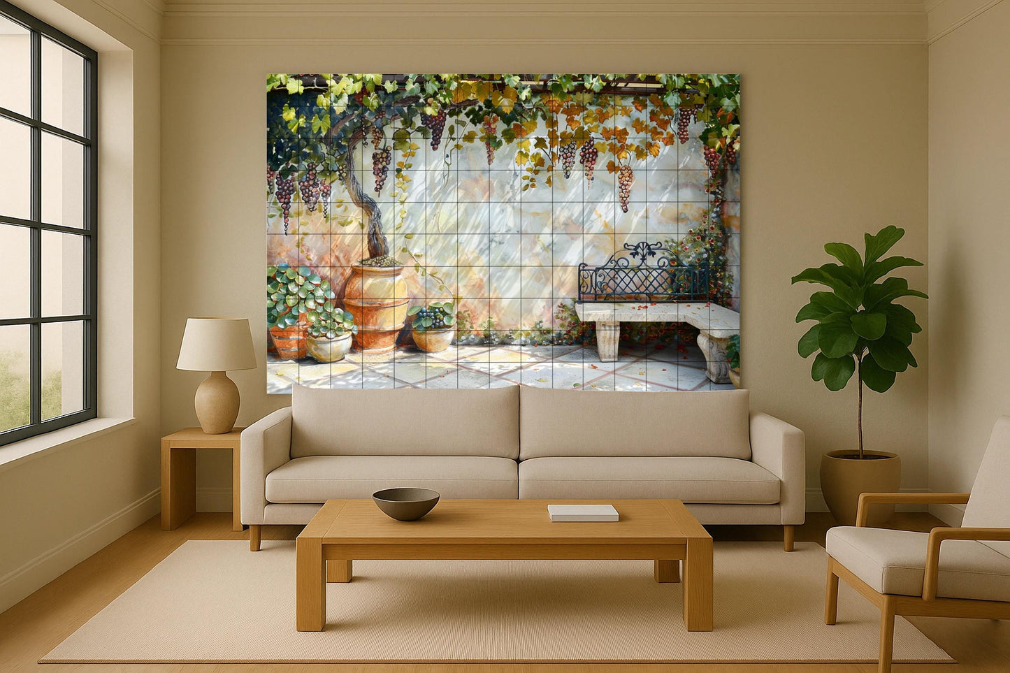 Patio tile mural with Tuscan vineyard • Ceramic Italian terrace grapes • Mediterranean garden art with bench • Rustic patio wall decor