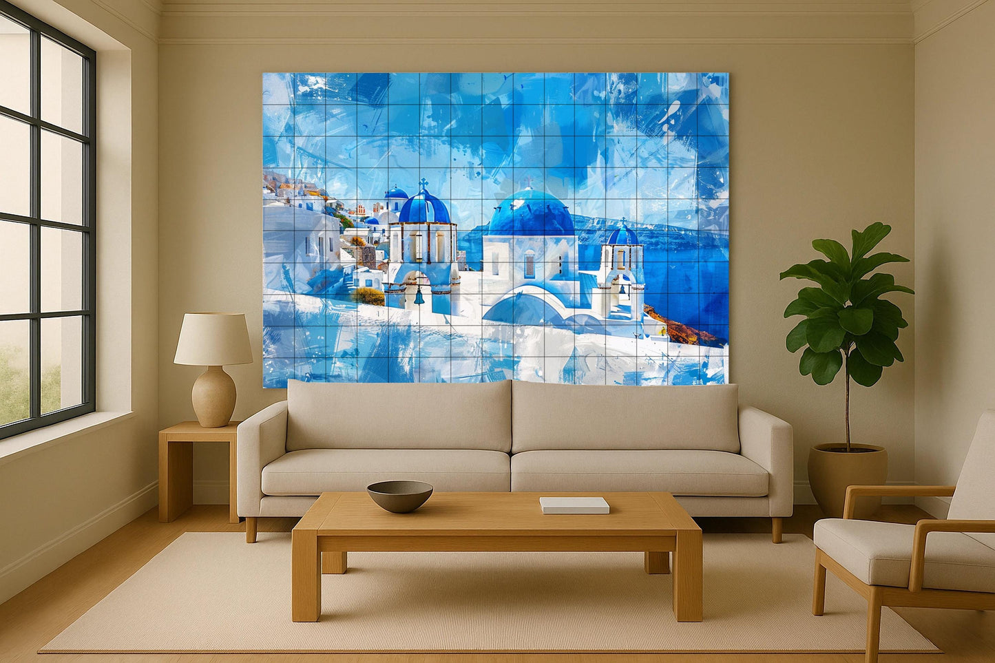 Tile mural with blue domes from Santorini • Ceramic panel of a church on a Greek island • Wall art with the Aegean Sea horizon • Summer home decor in the Cyclades