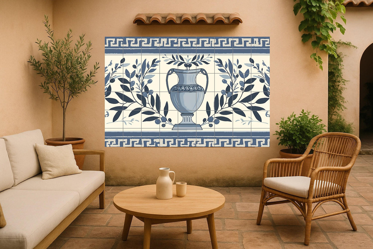 Tile mural with Greek olive vase • Hellenic ceramic kitchen panel • Santorini meander border wall art • Classical ceramic decoration
