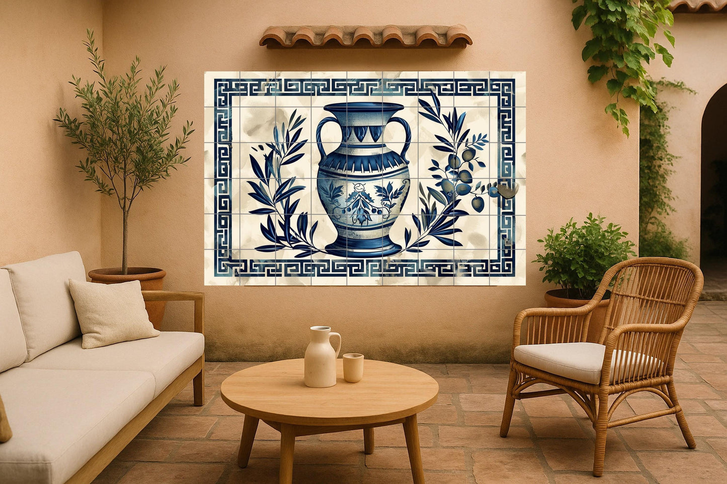 Greek amphora tile mural • Ceramic olive branch and meander border • Athenian blue wall art • Mediterranean ceramic kitchen decor