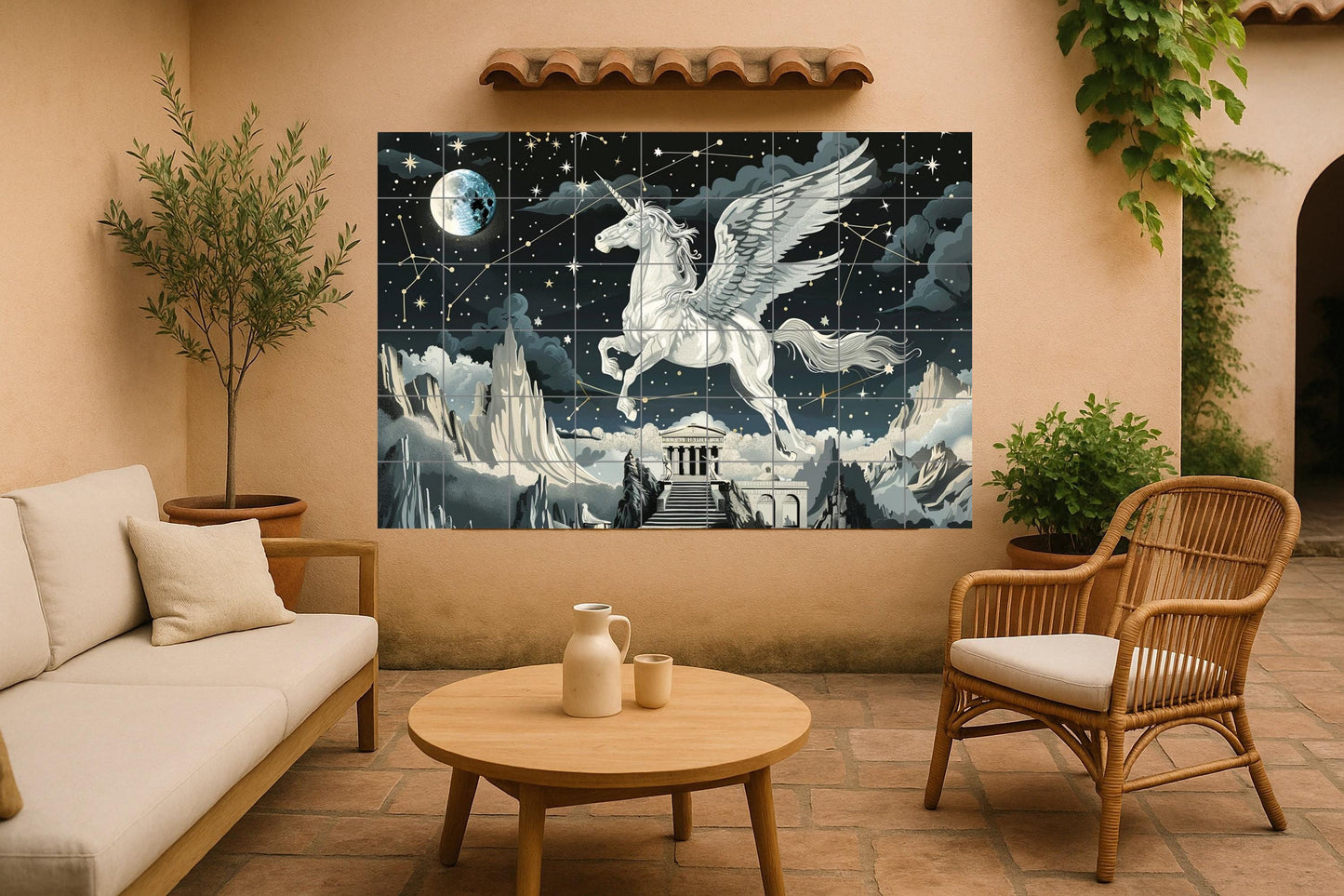 Mythical Pegasus Tile Mural • Greek Constellation Ceramic Panel • Celestial Unicorn Wall Art with Stars, Temples, and Moonlight Charm