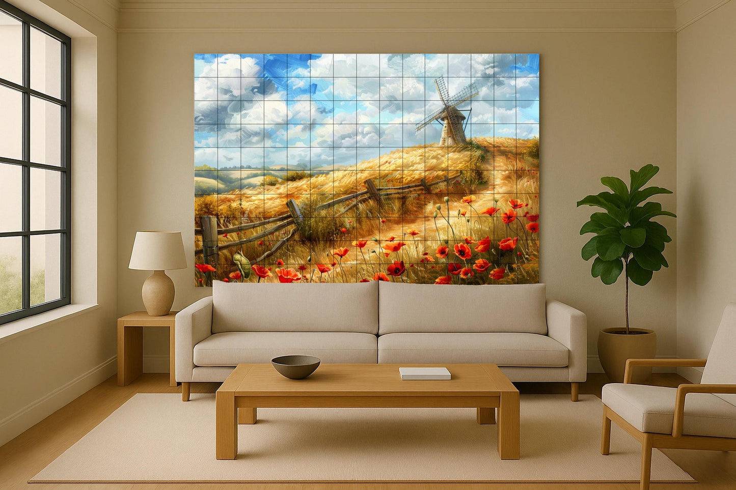English Countryside Tile Mural • Wild Poppy Field Ceramic Art • Windmill Wall Panel • British Rural Landscape for Rustic Decor