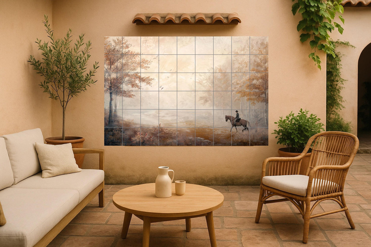 Appalachian Rider Tile Mural • American Landscape Ceramic Art • Misty Forest Panel • Rustic Wall Decor • Smoky Mountains Design