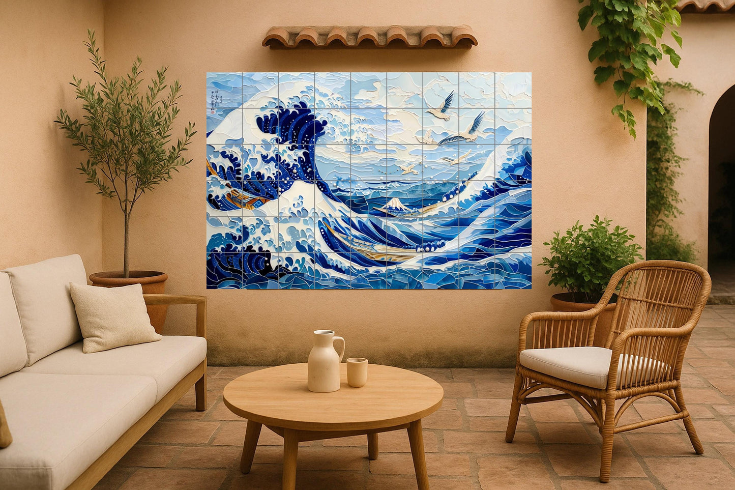 Great Wave Tile Mural • Japanese Ceramic Art Panel • Hokusai-Inspired Ocean Wall Decor • Seigaiha Style • Edo Seascape Interior Design