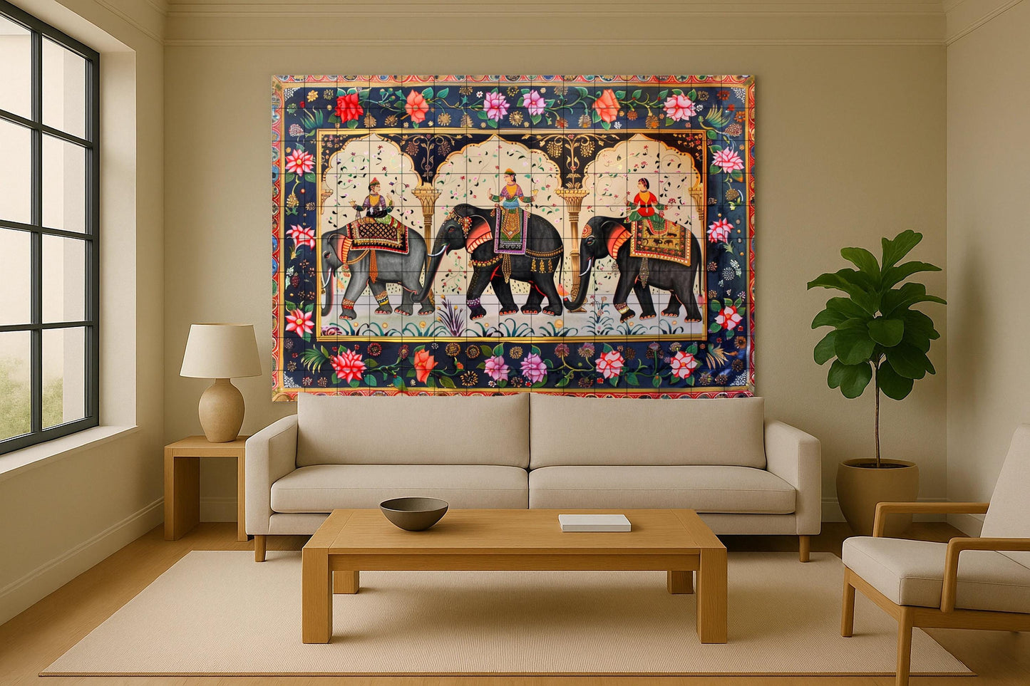 Tile mural with Mughal elephant procession • Art panel from the Jaipur palace • Ceramics inspired by Indian miniatures • Floral wall decoration from Rajasthan