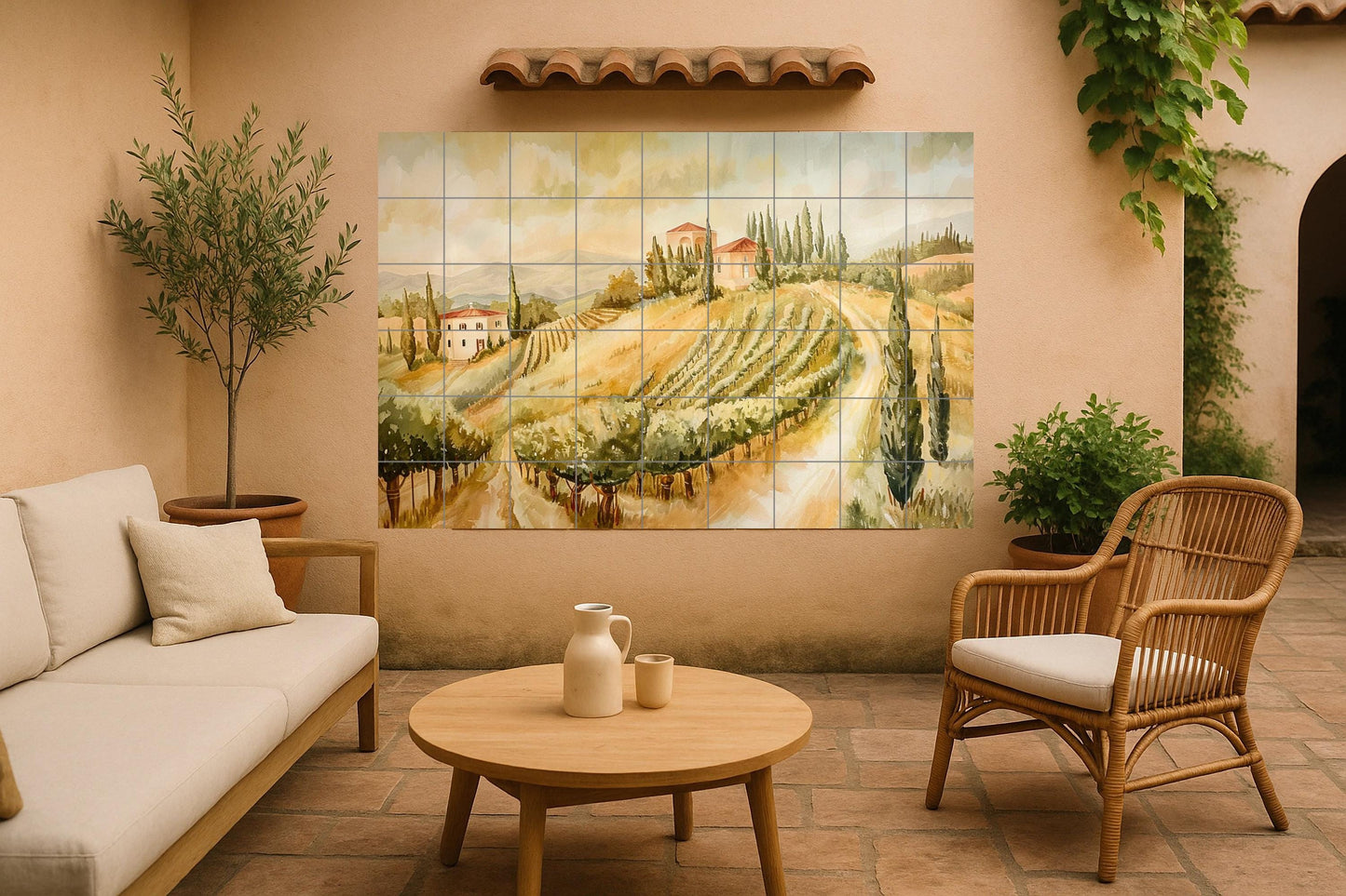 Tuscan Vineyard Tile Mural • Italian Countryside Art Panel • Chianti Ceramic Landscape • Olive Grove Kitchen Decor • Rustic European Scene