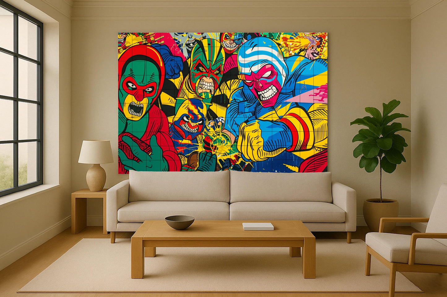 Lucha Libre Tile Mural • Mexican Comic Book Art Panel • Retro Lucha Libre Ceramics • Colorful Pop Wall Decor with Vintage Superhero Energy