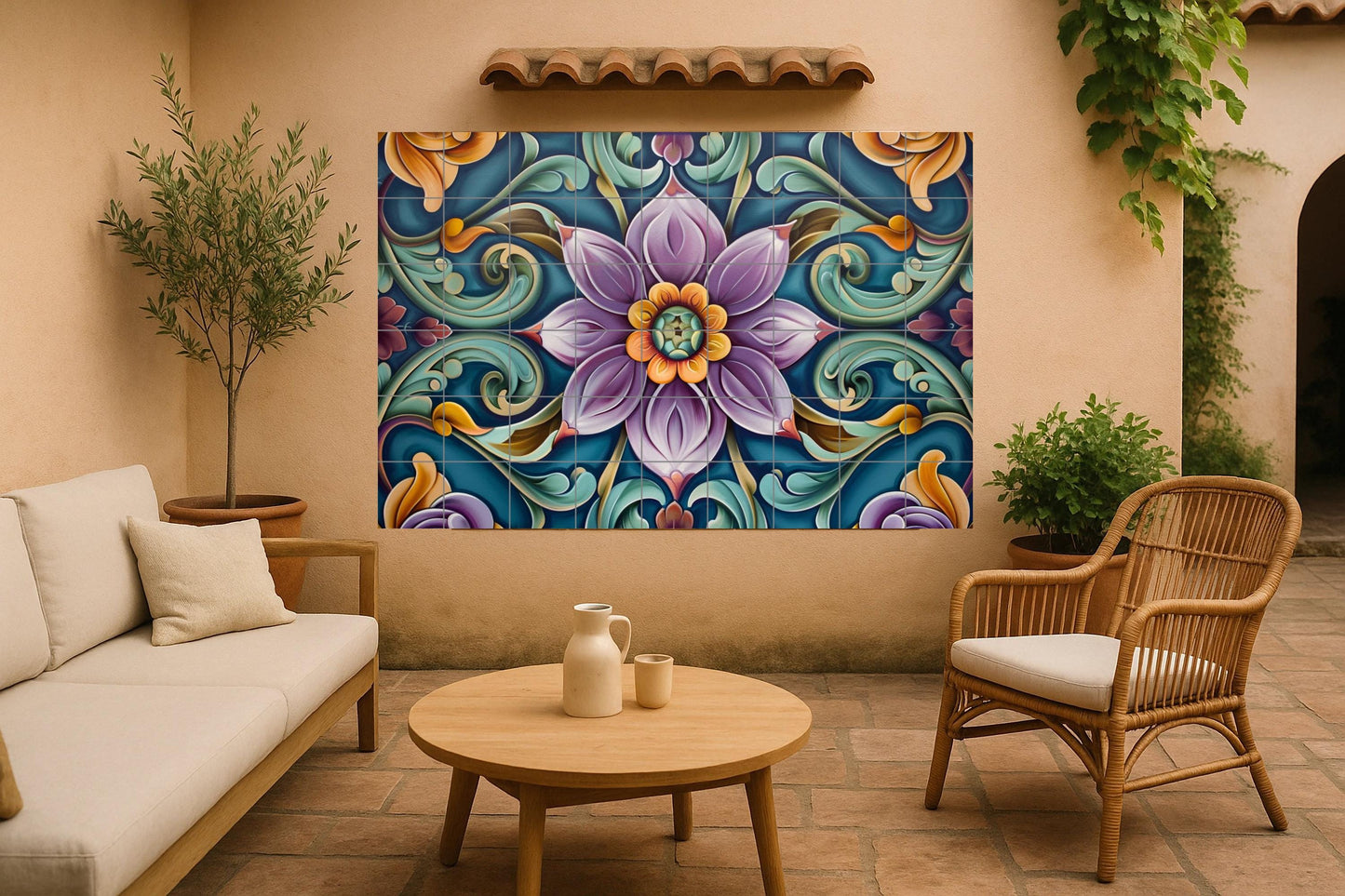 Mural of popular Russian tiles • Floral panel inspired by Khokhloma • Slavic ornamental ceramics with baroque swirls and a bold hand-painted look