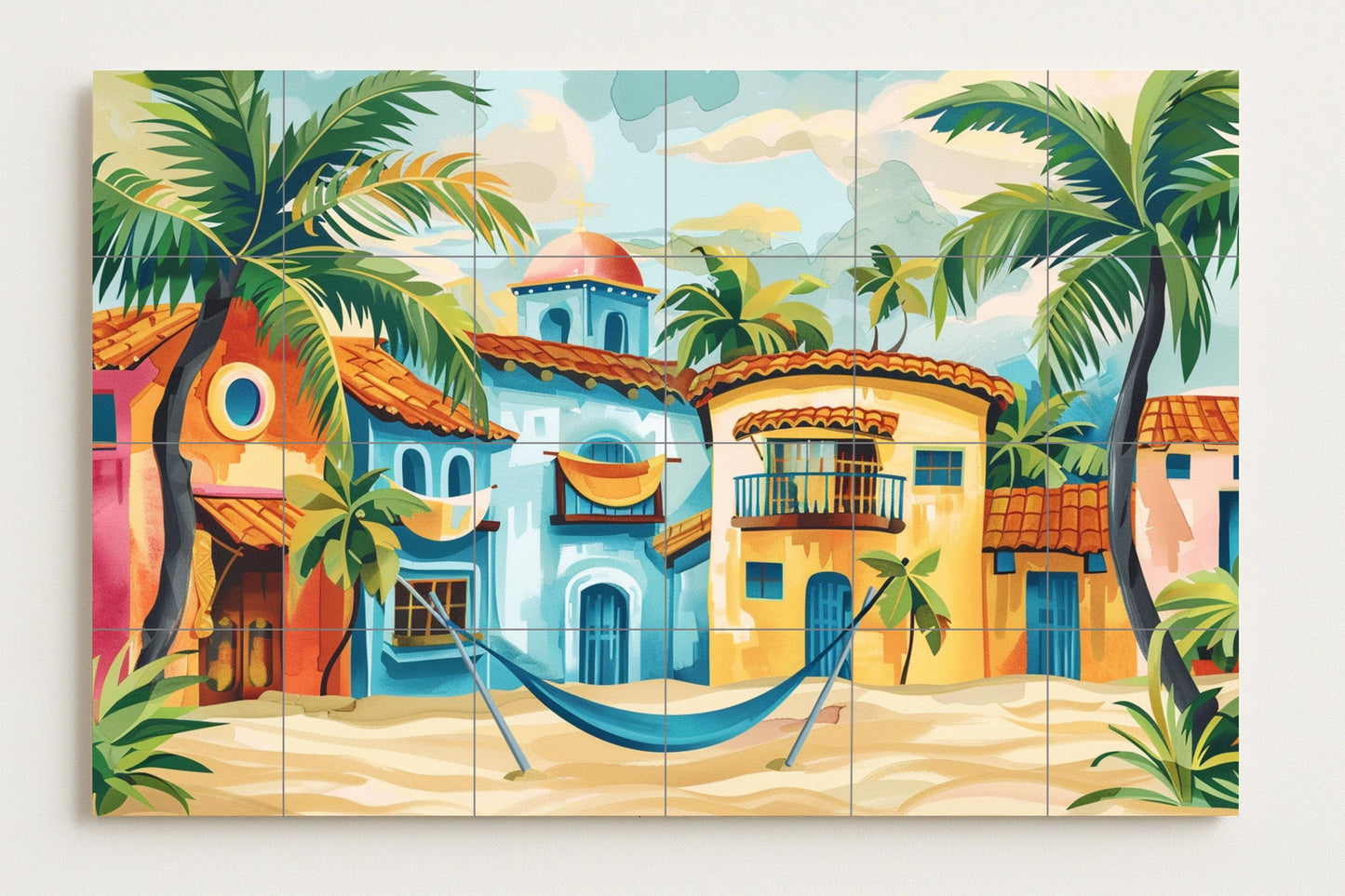 Caribbean Beach Tile Mural • Sayulita Tropical House Panel • Hammock Scene Ceramic • Coastal Village Wall Art for Summer Interiors