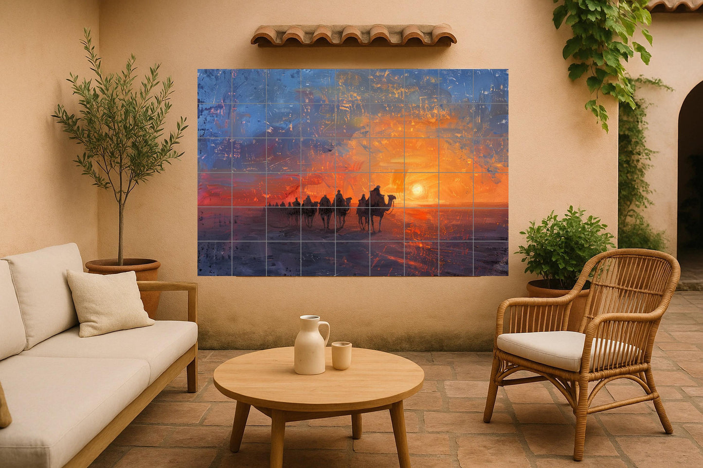Sunset Caravan Mural • Wall Art with Arabian Camel Tiles • Ceramic Desert Silhouettes Inspired by the Sahara • Oriental Nomadic Decor