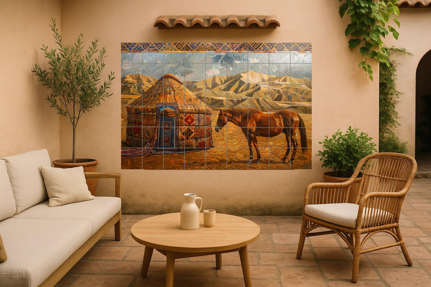 Nomadic yurt wall mural • Hand-painted horse and steppe scene • Central Asian ceramic tile artwork • Kazakh Kyrgyz interior accent