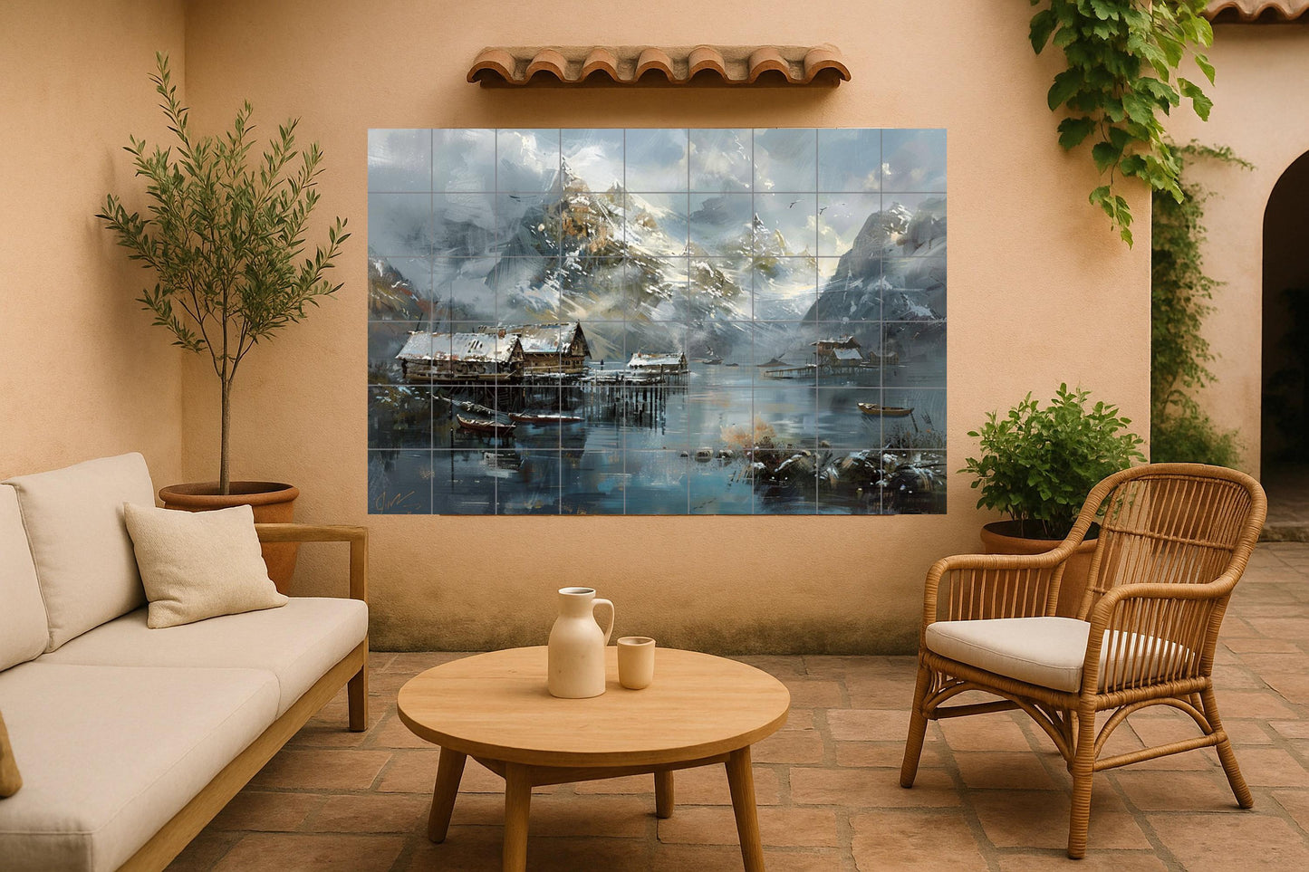 Nordic Winter Tile Mural • Hand-Painted Alpine Lake Scene • Scandinavian Mountain Cottage Decor • Hallstatt Style Ceramic Artwork