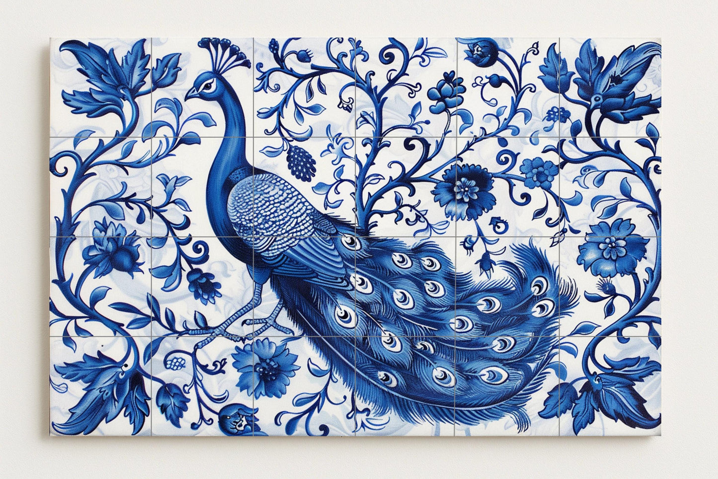 Peacock Wall Tile • Indian Bird Wall Art • Mughal Floral Ceramics • Blue Scroll Decor • Jaipur Plumage Panel • Elegant Garden Ceramics