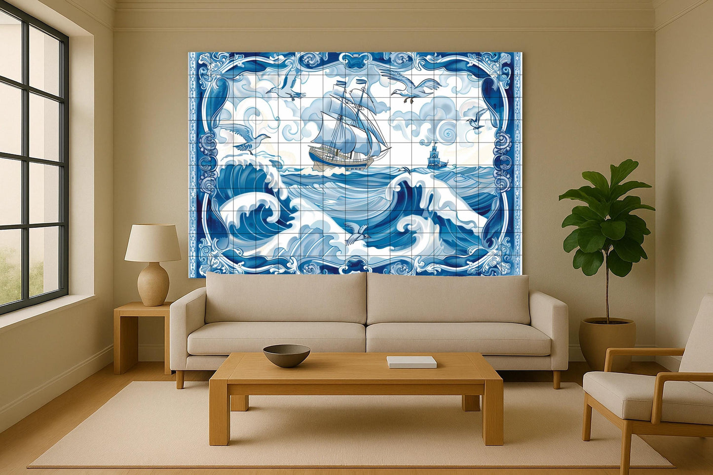 Delft Sea Mural • Dutch Navigation Tile Wall Art • North Sea Ceramic Decoration • Amsterdam Nautical Panel • Baroque Ocean Frame • Sea Wind