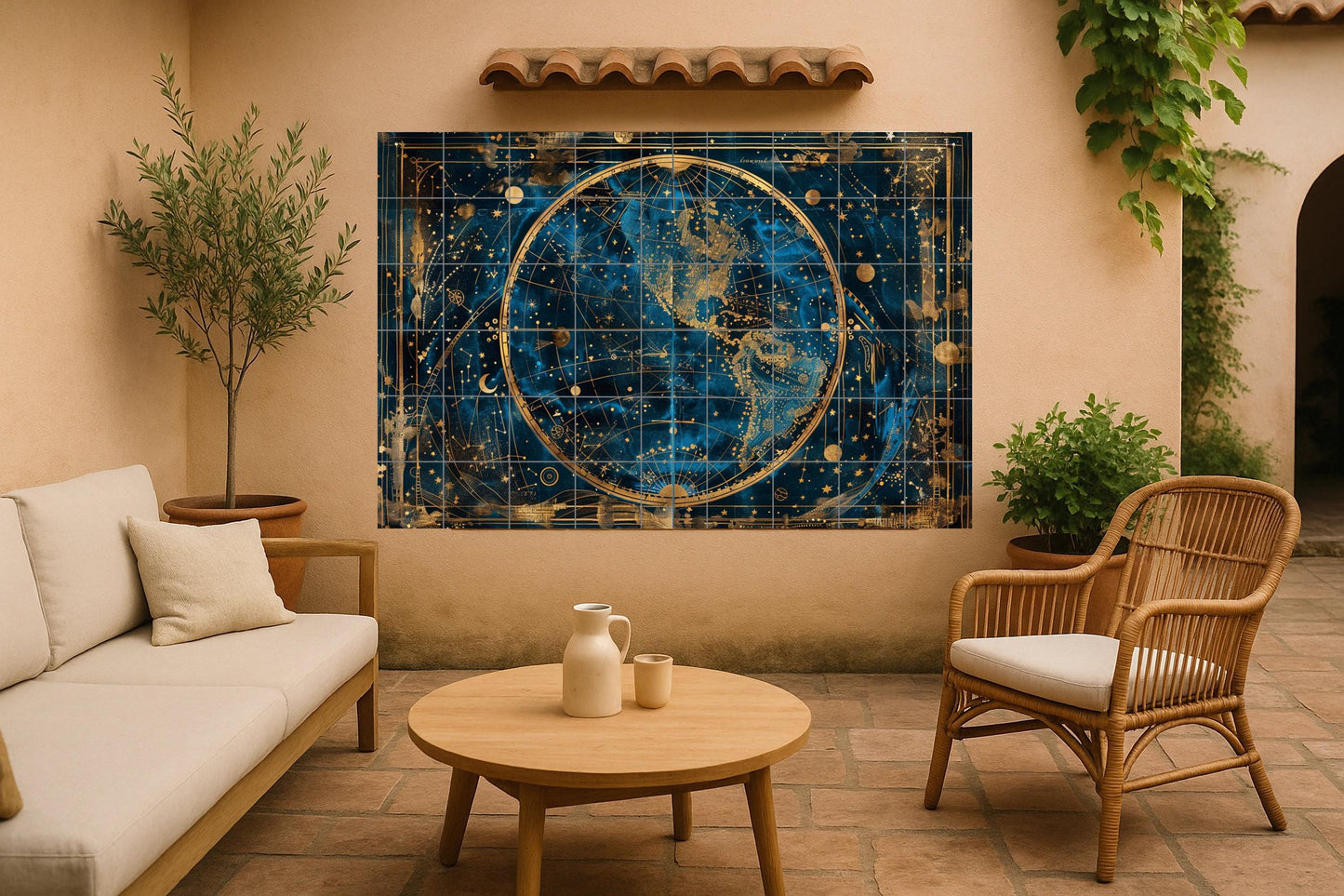Tile mural with celestial map • Golden star map with constellations and globe • Cosmic wall art in deep navy blue and antique gold