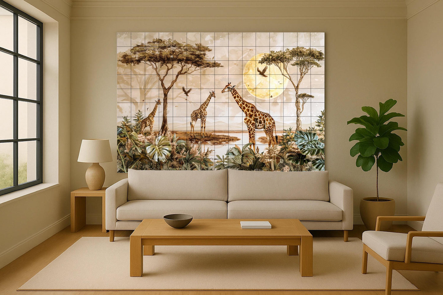Golden Savannah Giraffe Mural • Sunlit African Tile Art • Earth-Tone Safari Jungle Ceramic Wall • Botanical Wildlife Interior Panel