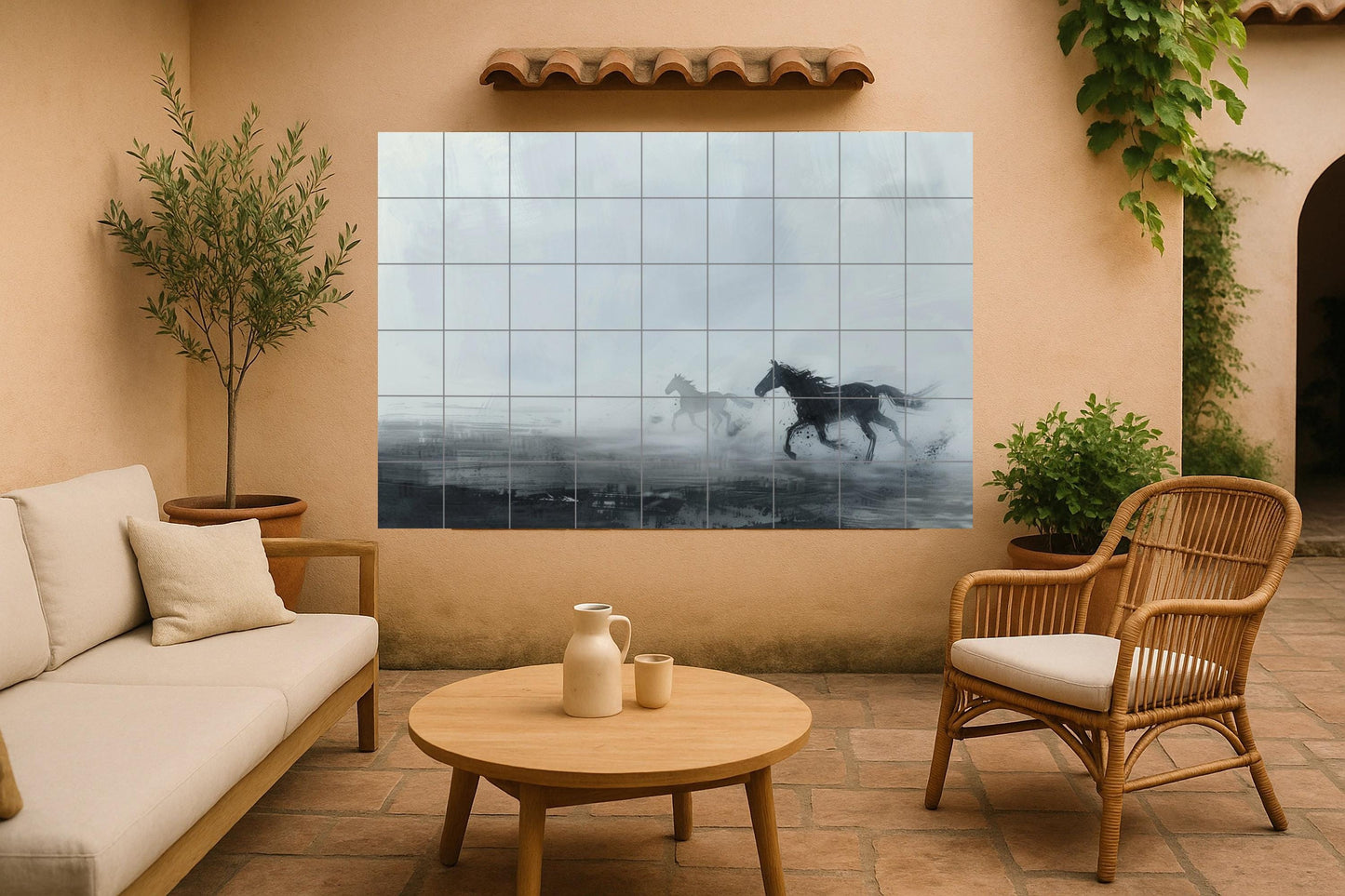 Ceramic mural of running wild horses • Abstract equine tile art • Monochromatic freedom decor • Dynamic black horse silhouette panel