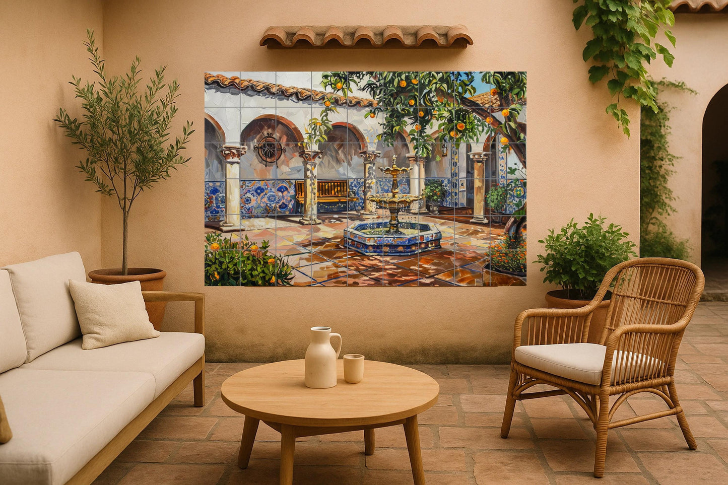 Cloister courtyard mural • Spanish arch tile mural • Orange tree fountain decoration • Andalusian ceramic courtyard • Seville interior panel