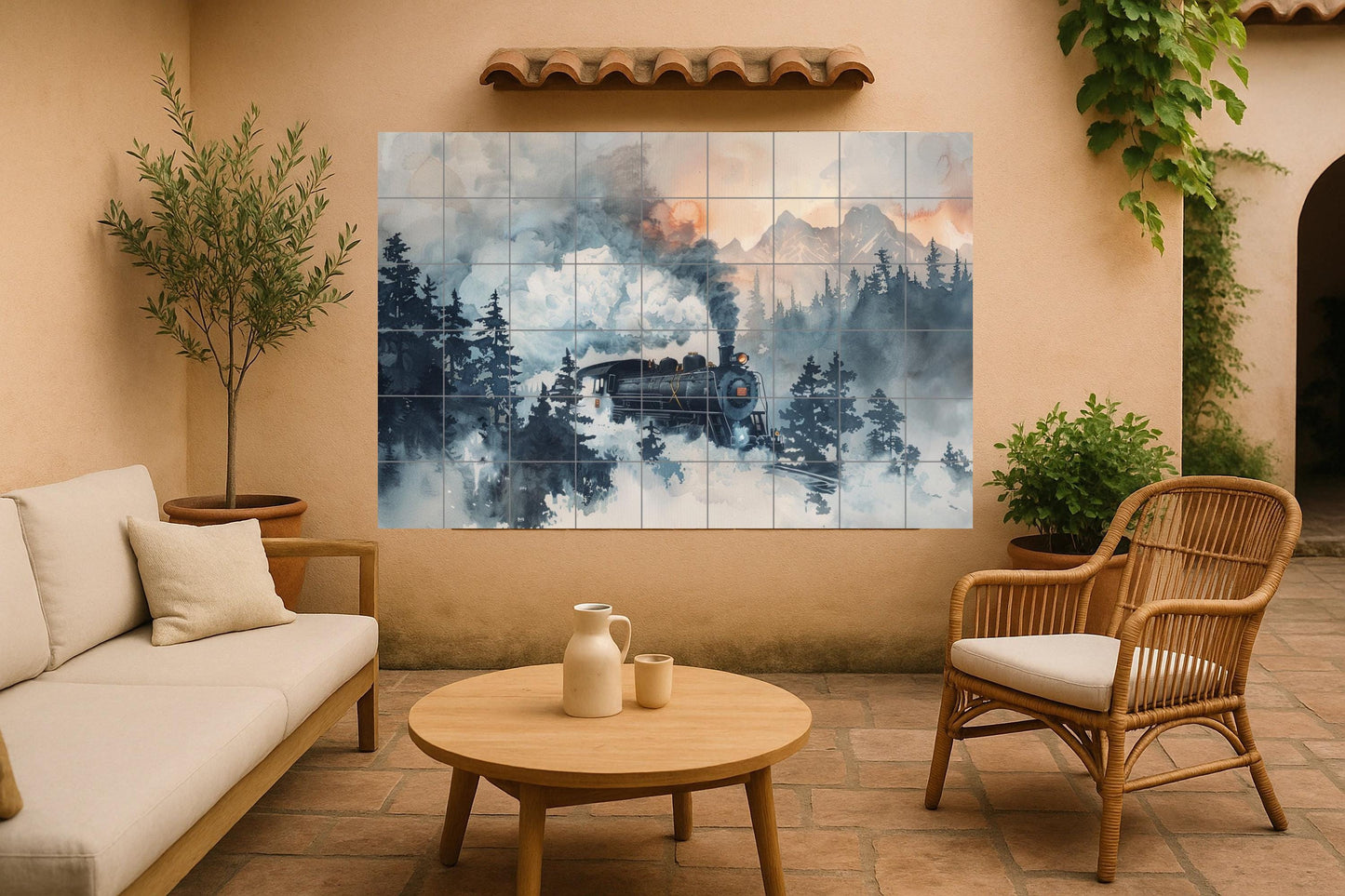 Steam Train Mural • Mountain Railway Tile Wall Art • Nature Travel Decor • Forest Locomotive Ceramic Scene • Smoking Track Panel