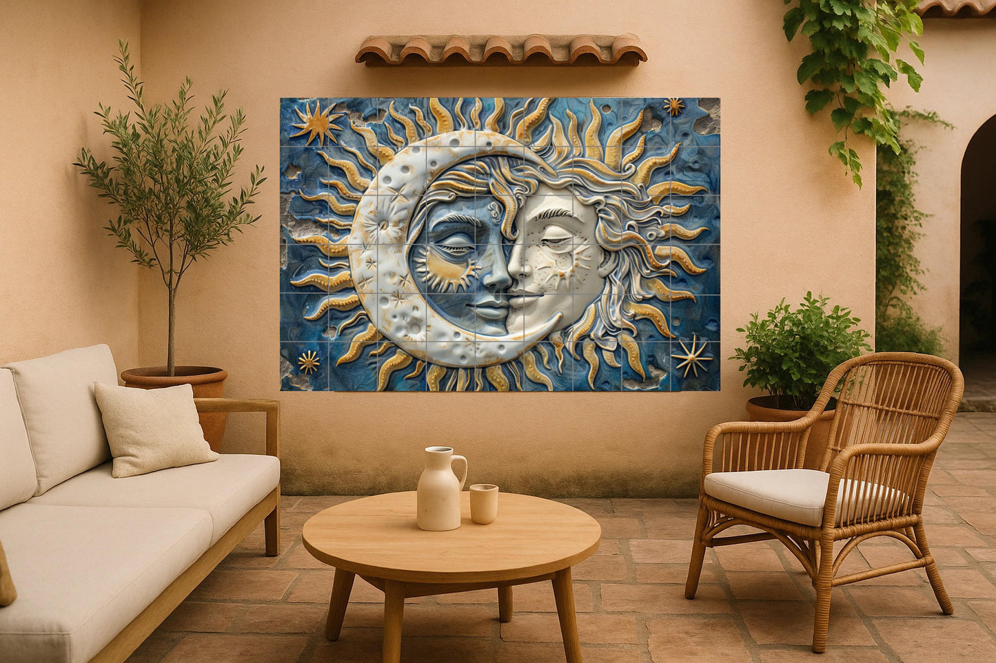 Sun and Moon tile mural: Celestial ceramic art in gold, white and cosmic blue for spiritual or sacred spaces.