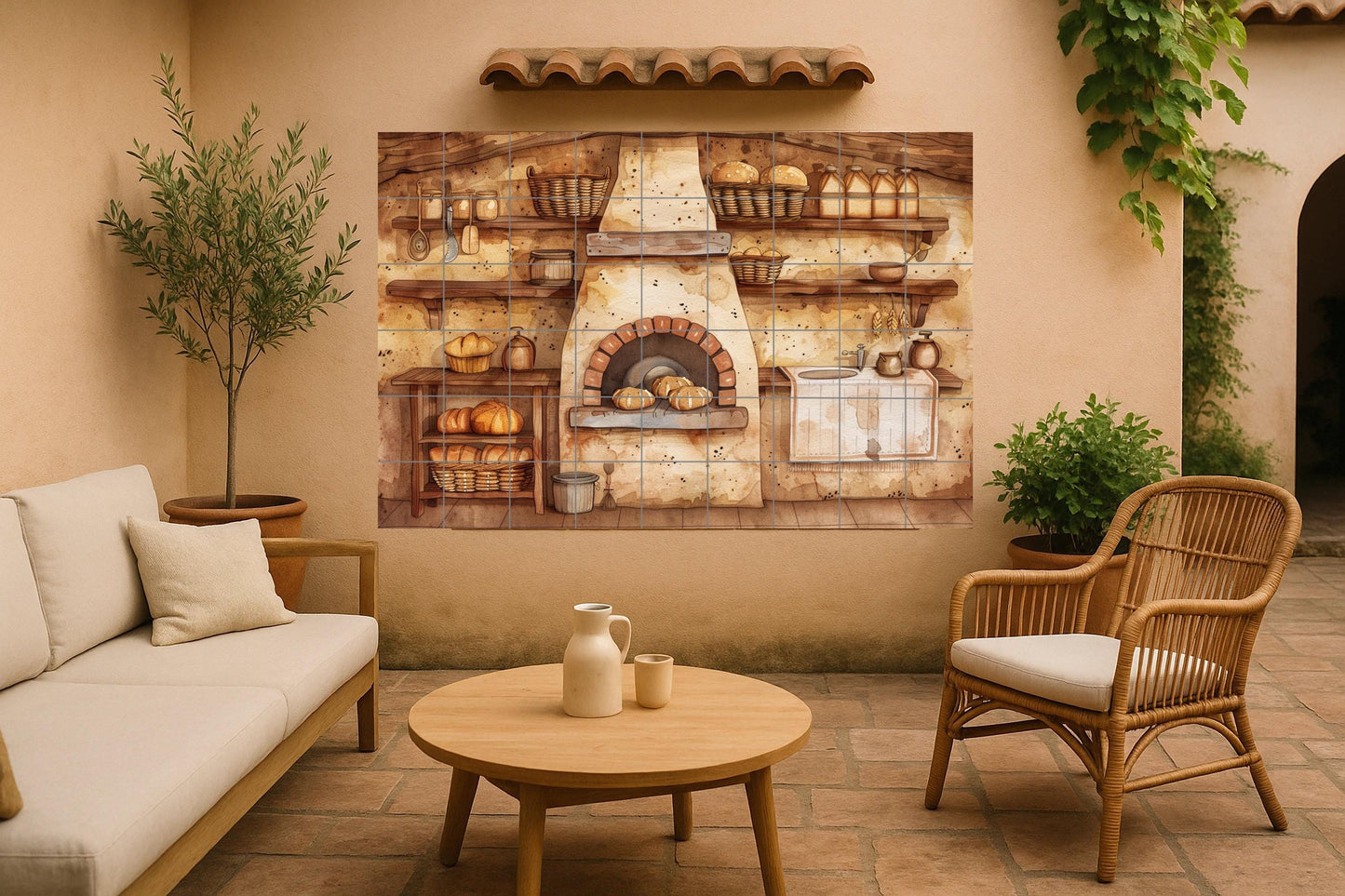 Bakery oven mural • Rustic bread wall tile • Artisan kitchen decor • Country pantry panel • Farmhouse charm • Vintage baking scene