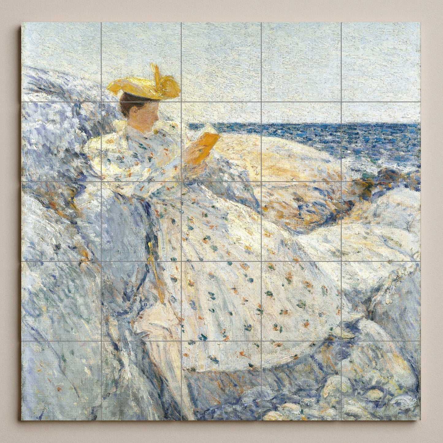 Childe Hassam's Coastal Reader: Ceramic Wall Panel, Impressionist Coastal Tile, Literary Cottage Wall Decor, Ocean Scene Art