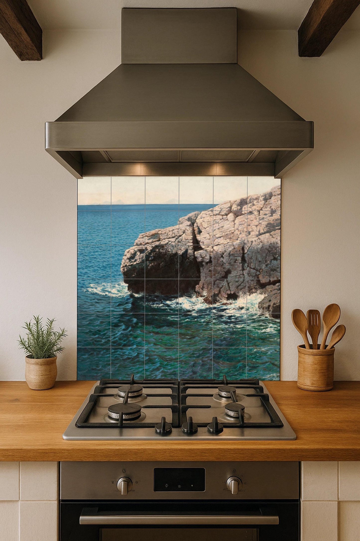 Coastal Cliff Tile Mural – Ceramic Panel with Ocean Scene – Mediterranean Sea Wall Art – Naturalistic Marine Decor for Serene Coastal Homes