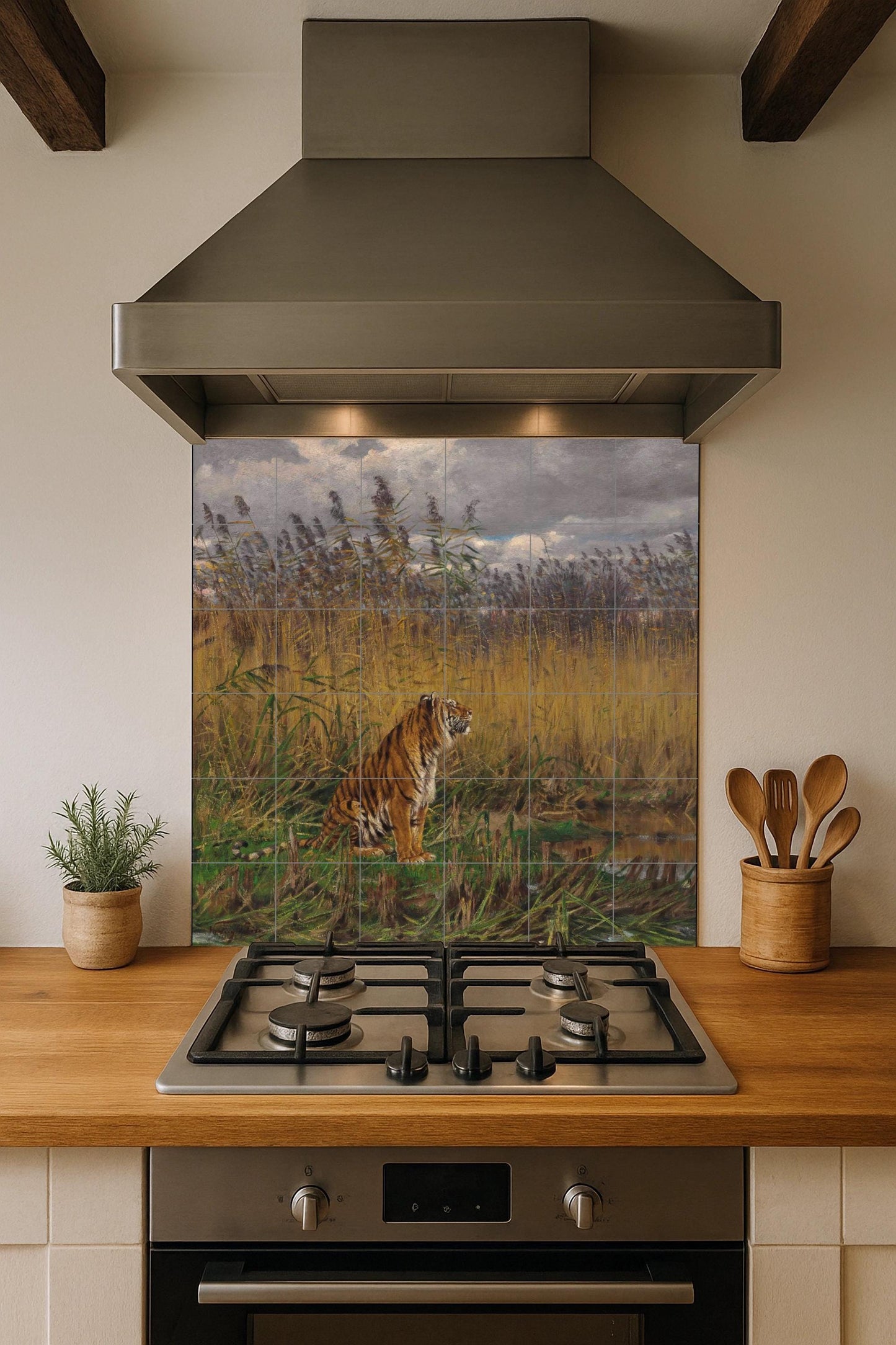 "Tiger Among the Reeds" Tile Mural – Ceramic Wildlife Panel with Swamp Scene – Atmospheric Animal Art – Jungle Wall Decor for Nature Lovers