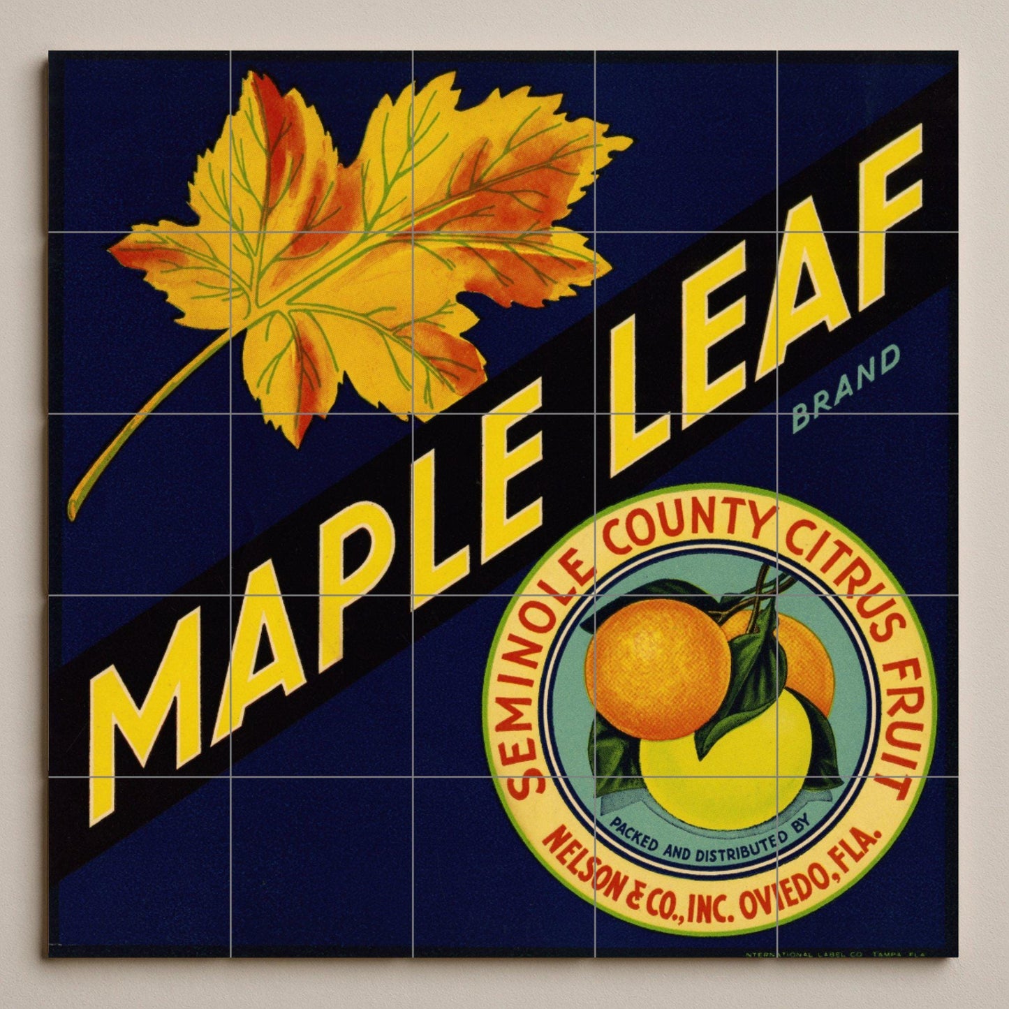 Tile mural with maple and citrus leaves – Vintage Florida fruit crate label – Retro American kitchen decor – Ceramic panel with bold typography