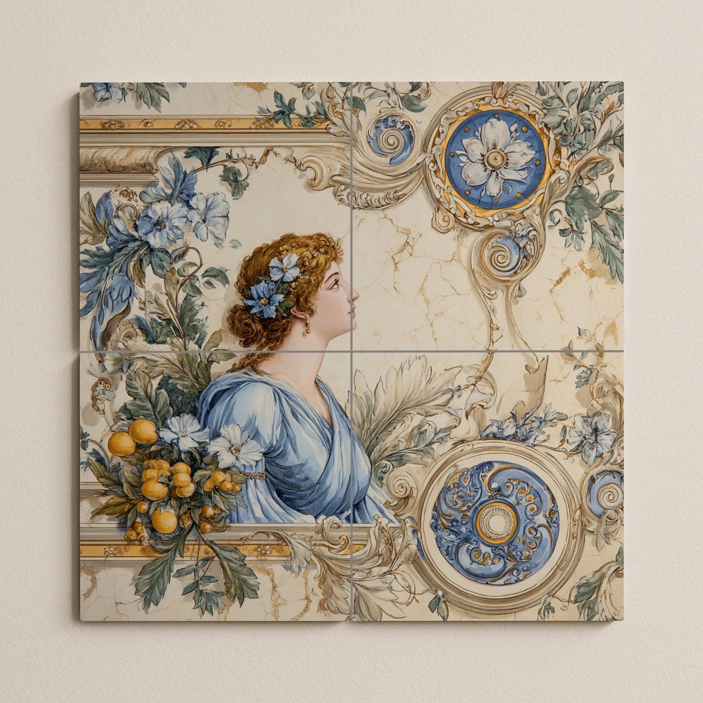 Neoclassical tile mural with ladies – Blue floral ceramic panel – Wall art inspired by Roman goddesses – Elegant vintage decor with ornate frame