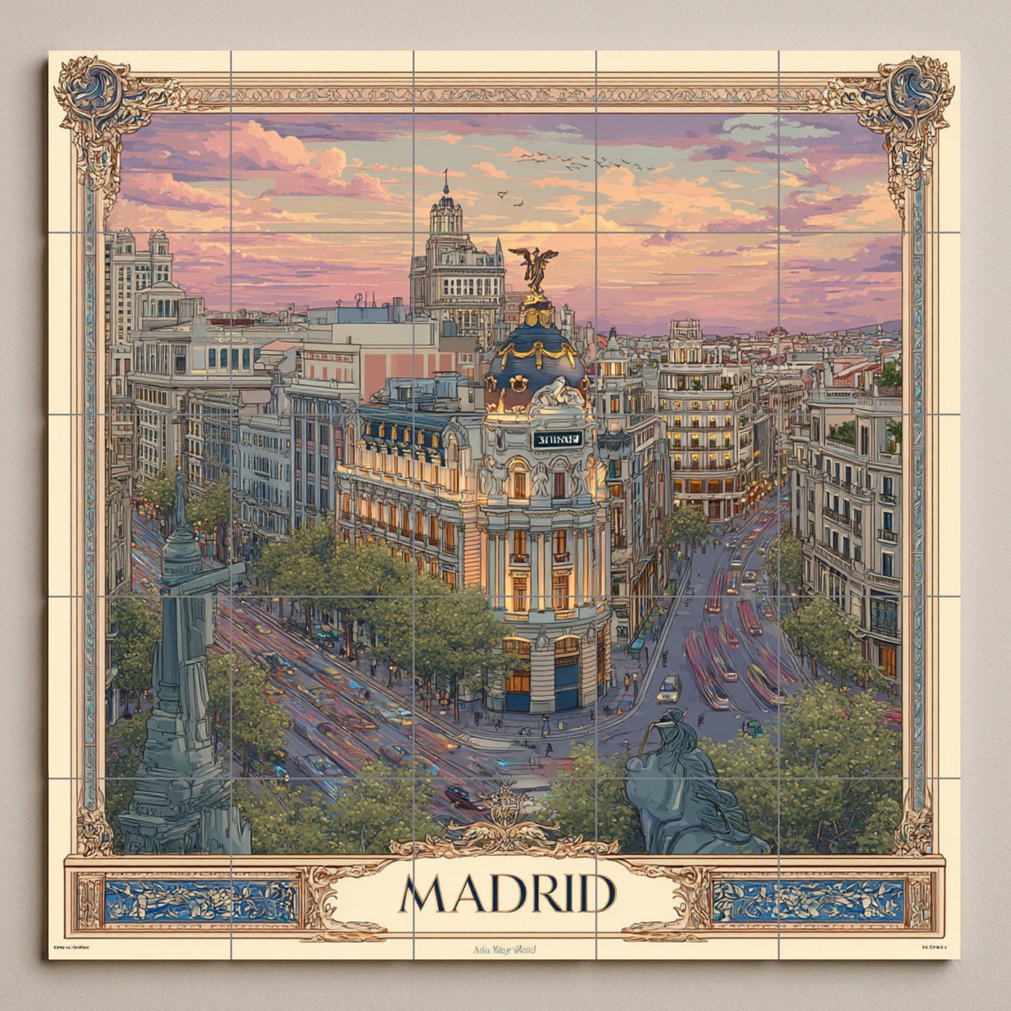 Madrid tile mural – Ceramic panel of Gran Vía at sunset – Spanish cityscape mural art – Elegant urban travel decor with classic frame