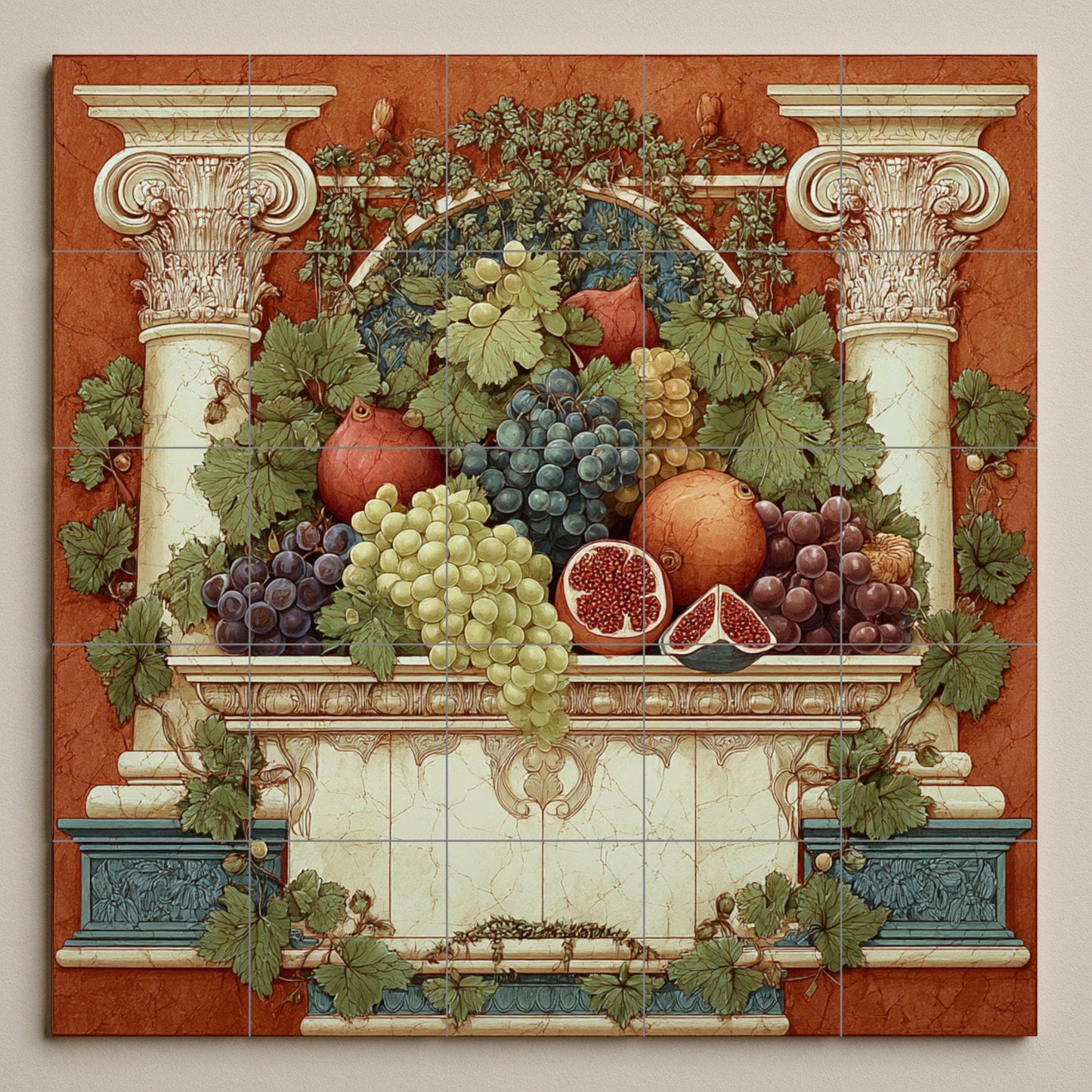 Roman Fruit Tile Mural – Classic Still Life Ceramic Panel – Grapes and Pomegranates with Columns – Mediterranean Wall Decor