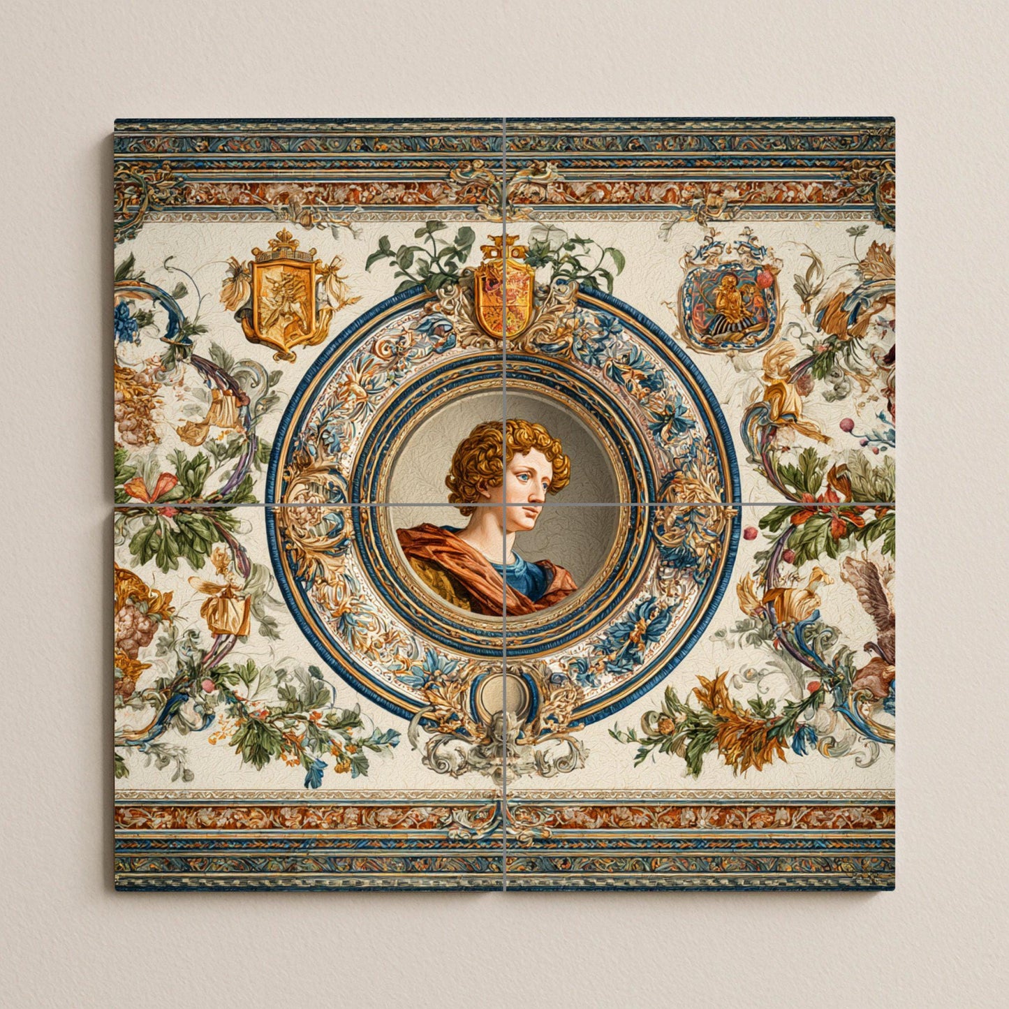 Renaissance portrait tile mural: medallion style ceramic panel, ornate classical wall art, heraldic and floral details for elegant homes.