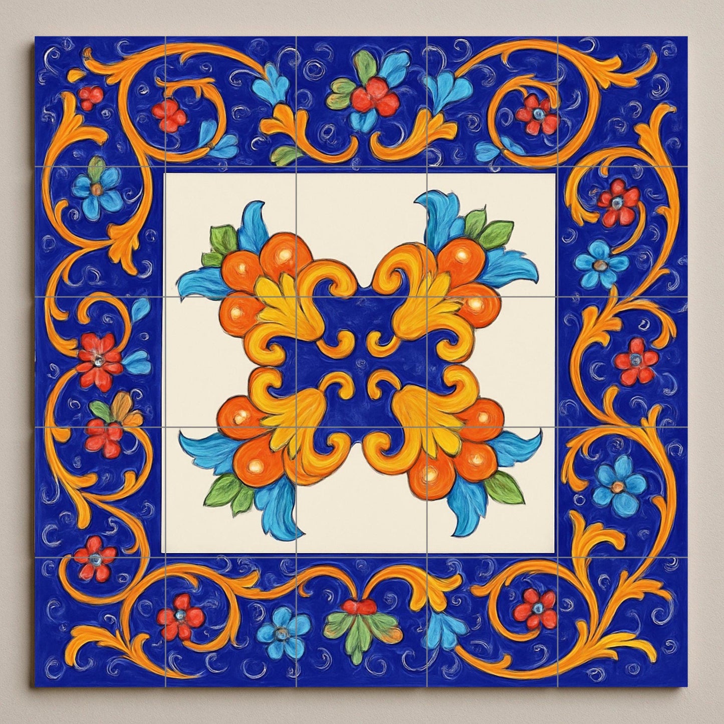 Sicilian Floral Tile Mural – Majolica Style Ceramic Panel – Mediterranean Wall Decor – Baroque Folk Art for Kitchen or Patio
