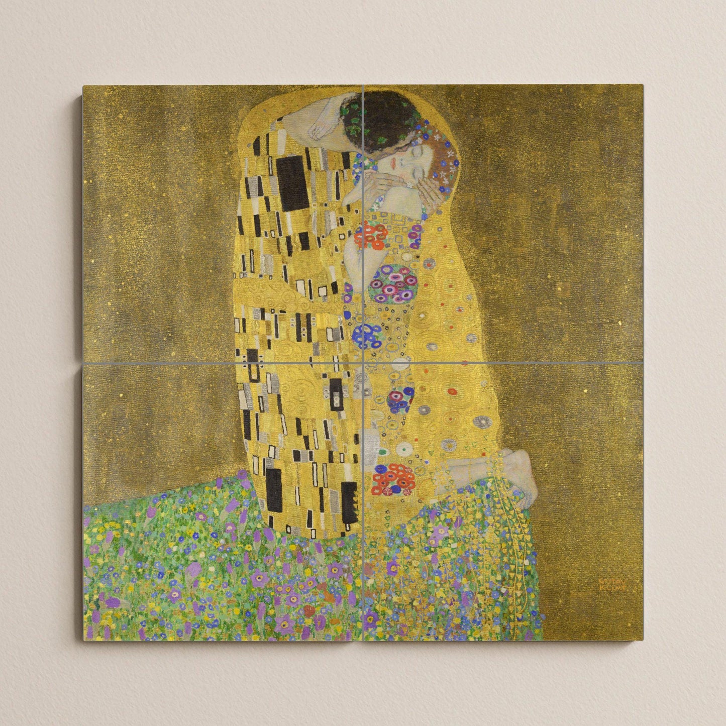 Klimt's "The Kiss" tile mural: romantic golden ceramic panel, Art Nouveau wall detail, Viennese love scene for elegant interiors.