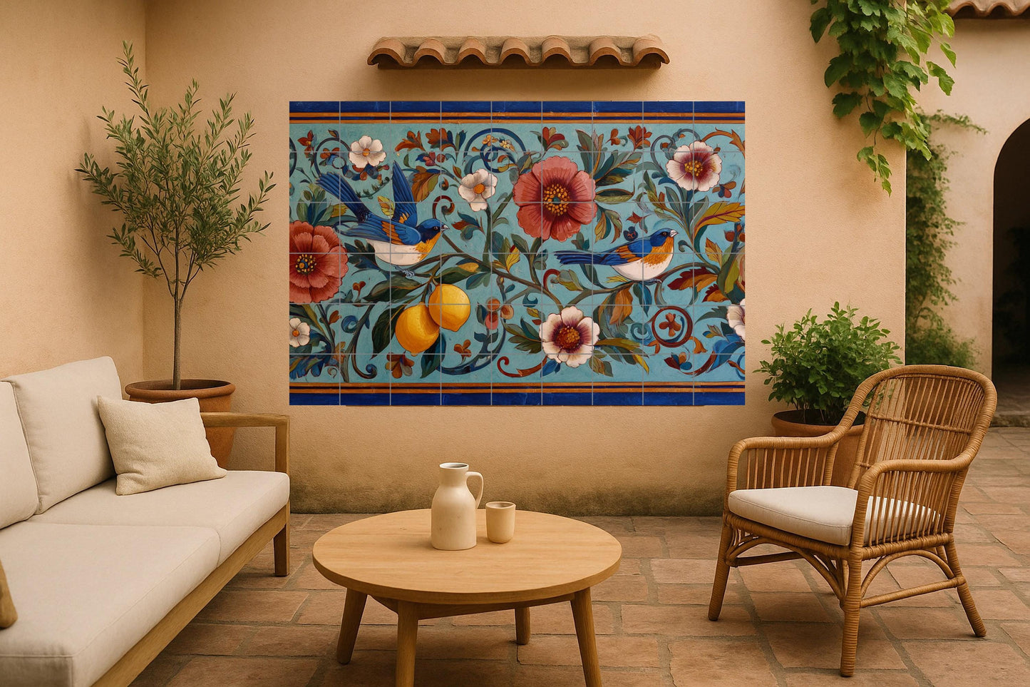 Sicilian garden mural • Lemon tree tile wall art • Bluebird floral decoration • Mediterranean orchard panel • Italian scroll ceramic