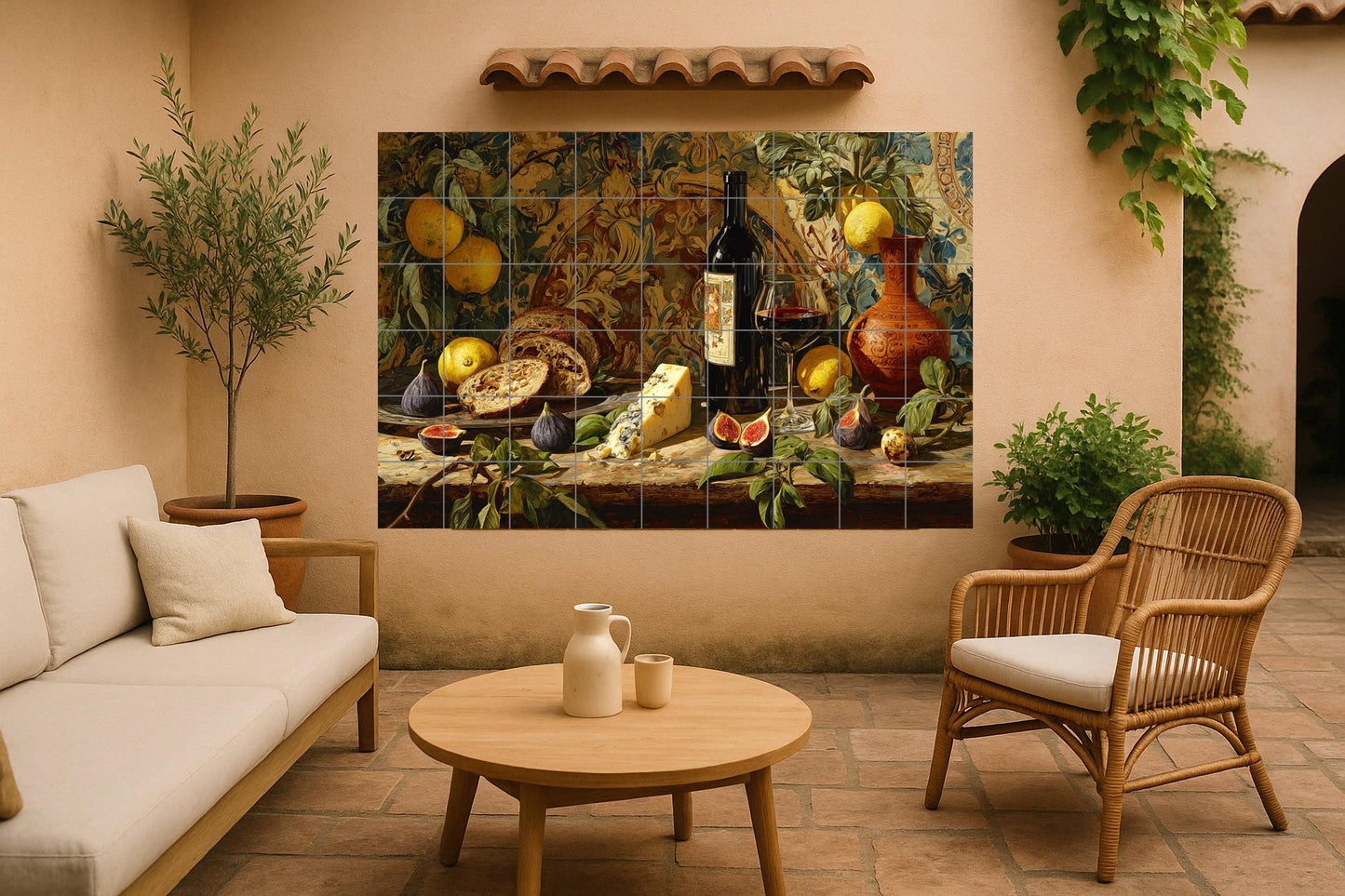 Winery mural • Gourmet cheese tile mural art • Figs and bread • Rustic tasting room panel • European ceramic delights • Epicurean feast