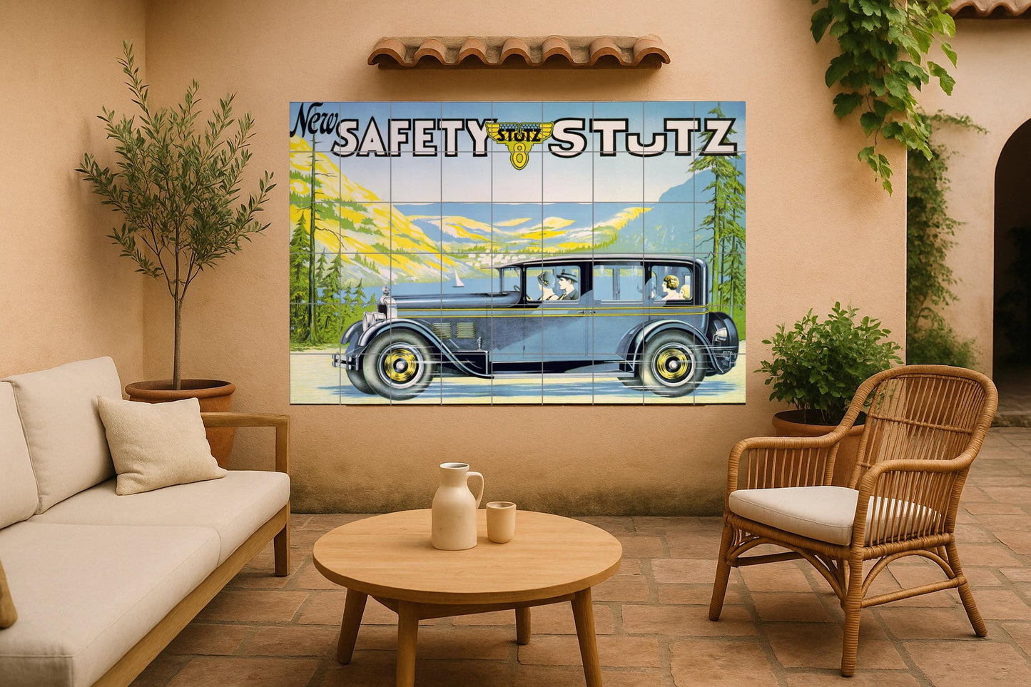 Art Deco Car Mural • Stutz Safety 8-Tile Panel • Vintage Car Ceramic Advertisement • 1920s Luxury Car Artwork • Retro Driving Decor • Age of Speed Wall