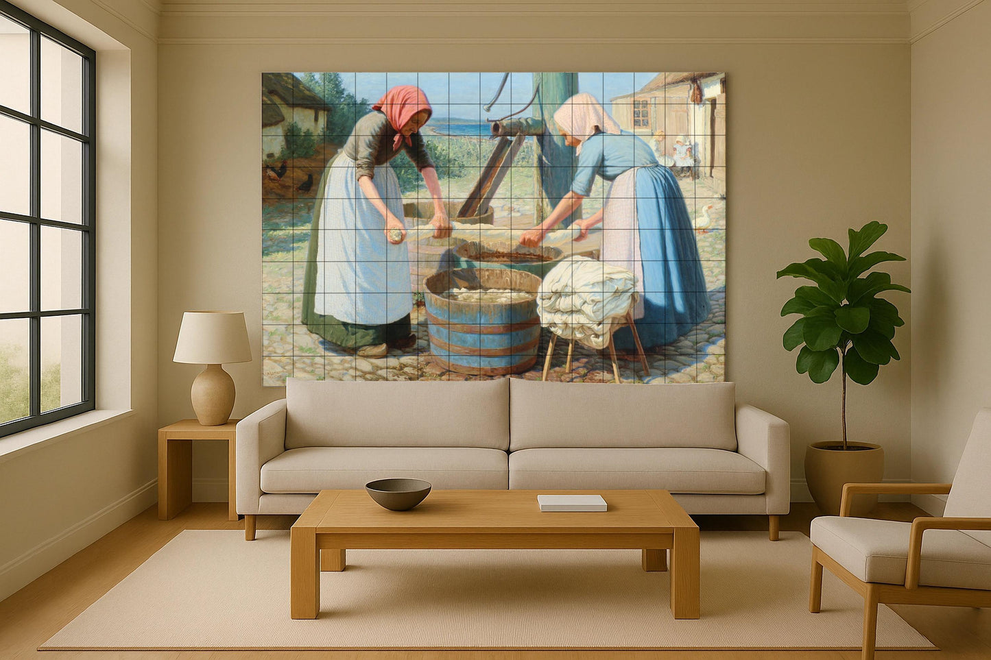 Nordic farmhouse mural • Rustic linen wash tile art • Village work scene panel • Coastal housewife pottery • Rural women's daily chores decor