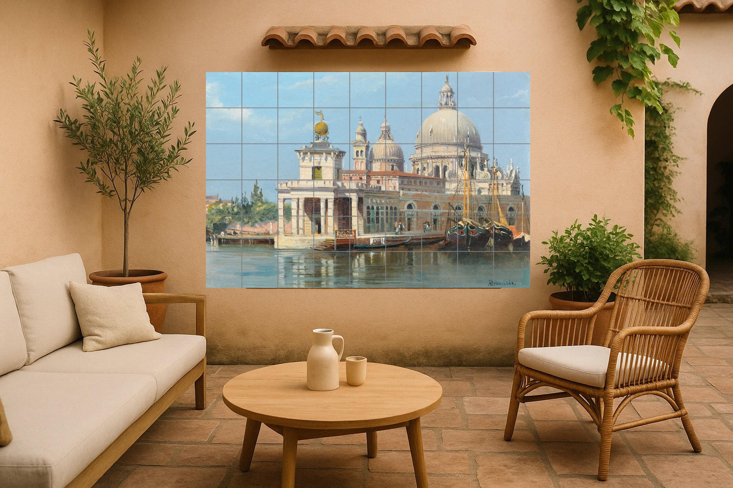 Venice mural panel • Grand Canal tile mural art • Gondola dock ceramics • Italian dome decoration • Waterfront heritage artwork