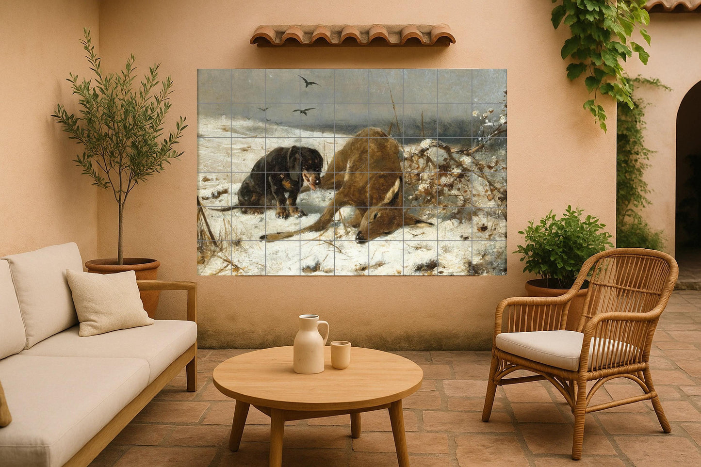 Winter Hunting Mural • Wall Art with Dog Tiles in a Snowy Field • Alpine Hunting Scene • Frozen Wild Ceramic Panel • Northern Tracking Decor • Instinct