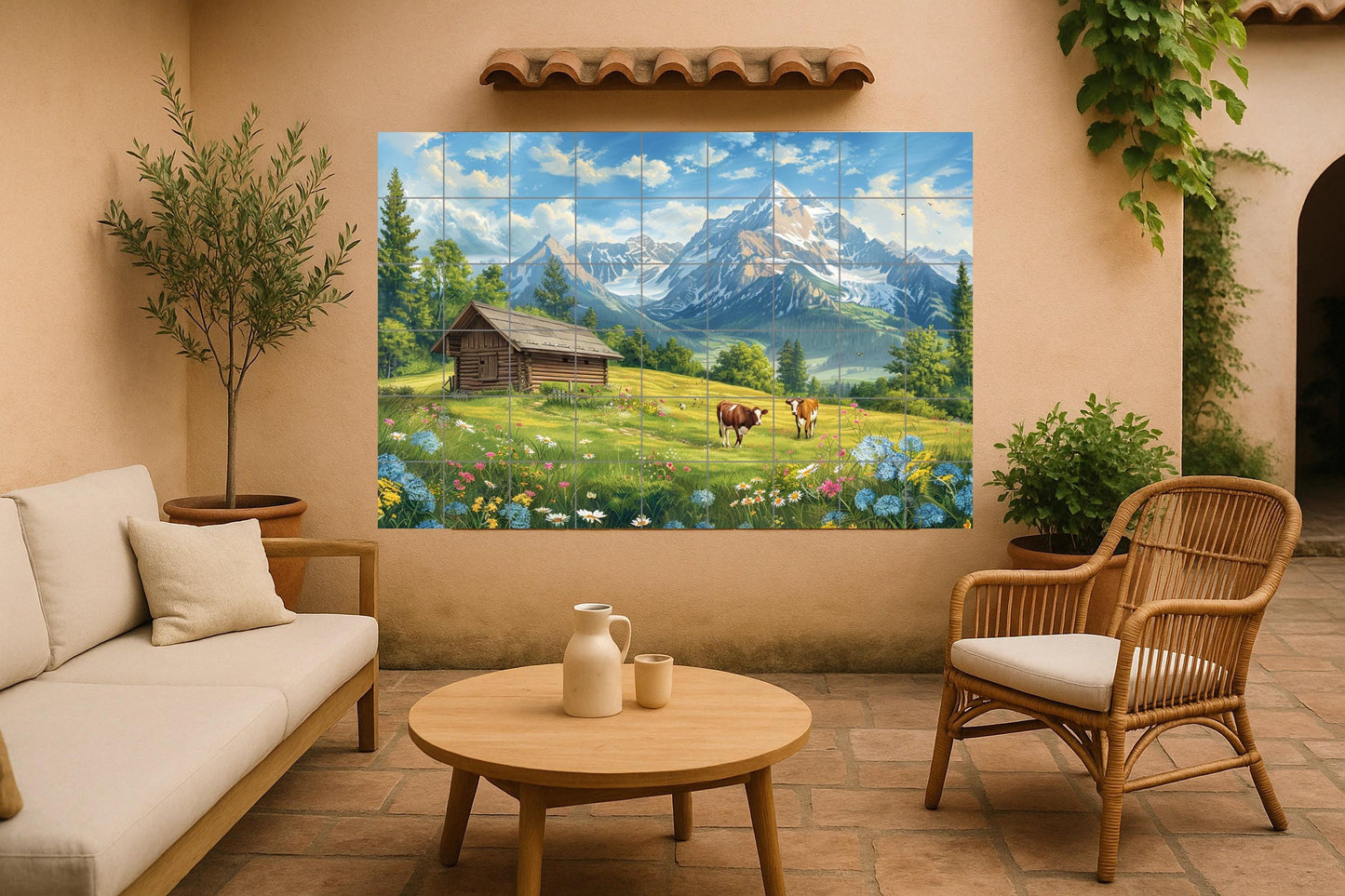 Panorama of Appenzell: Swiss alpine meadow with wooden cabin and cows under the snowy peaks of Säntis, in a ceramic tile mural.