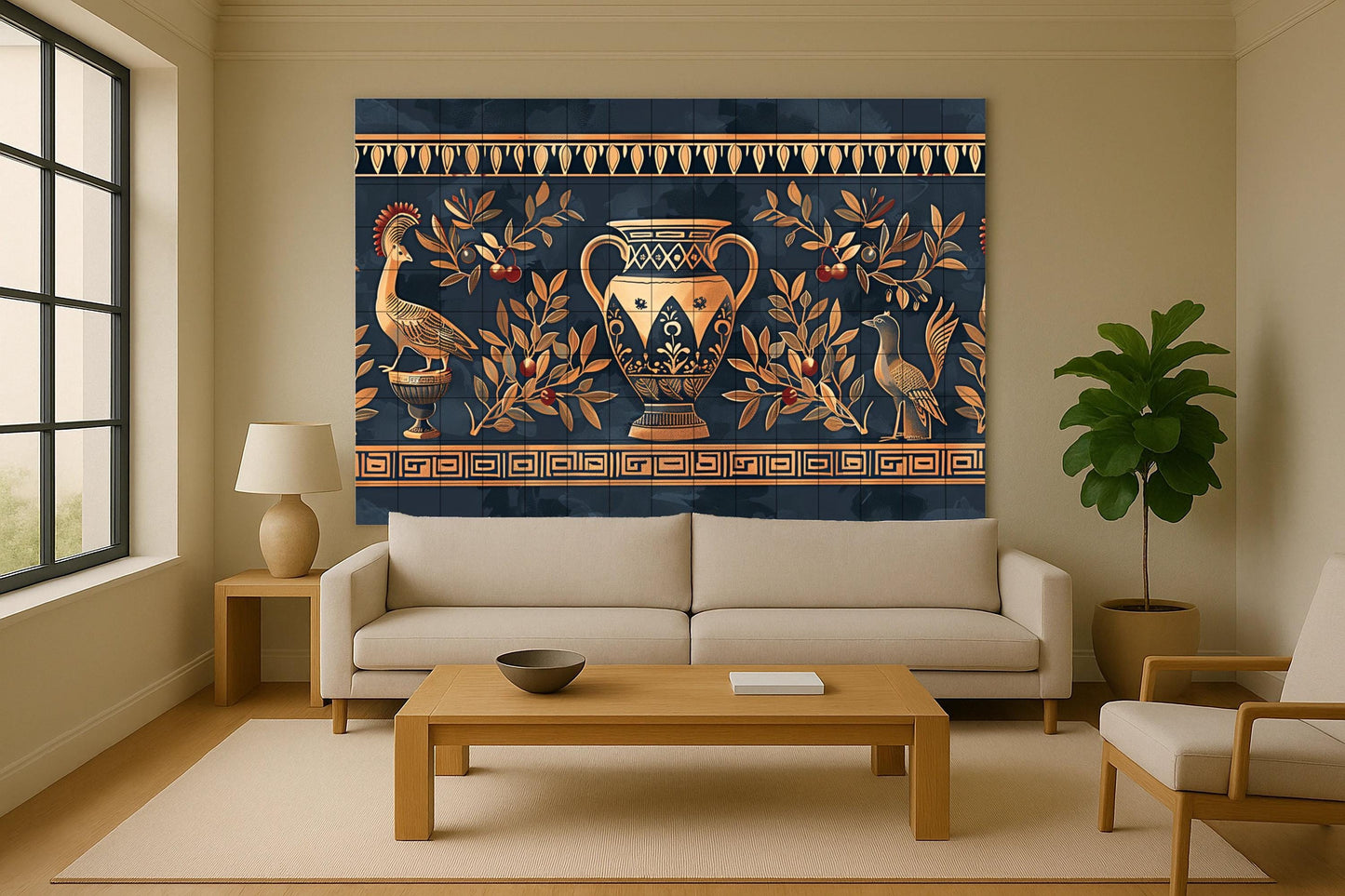 Pompeii mural • Roman frescoed tile mural art • Ancient Italian ceramic panel • Black and gold urn decoration • Olive branch mosaic • Classical villa