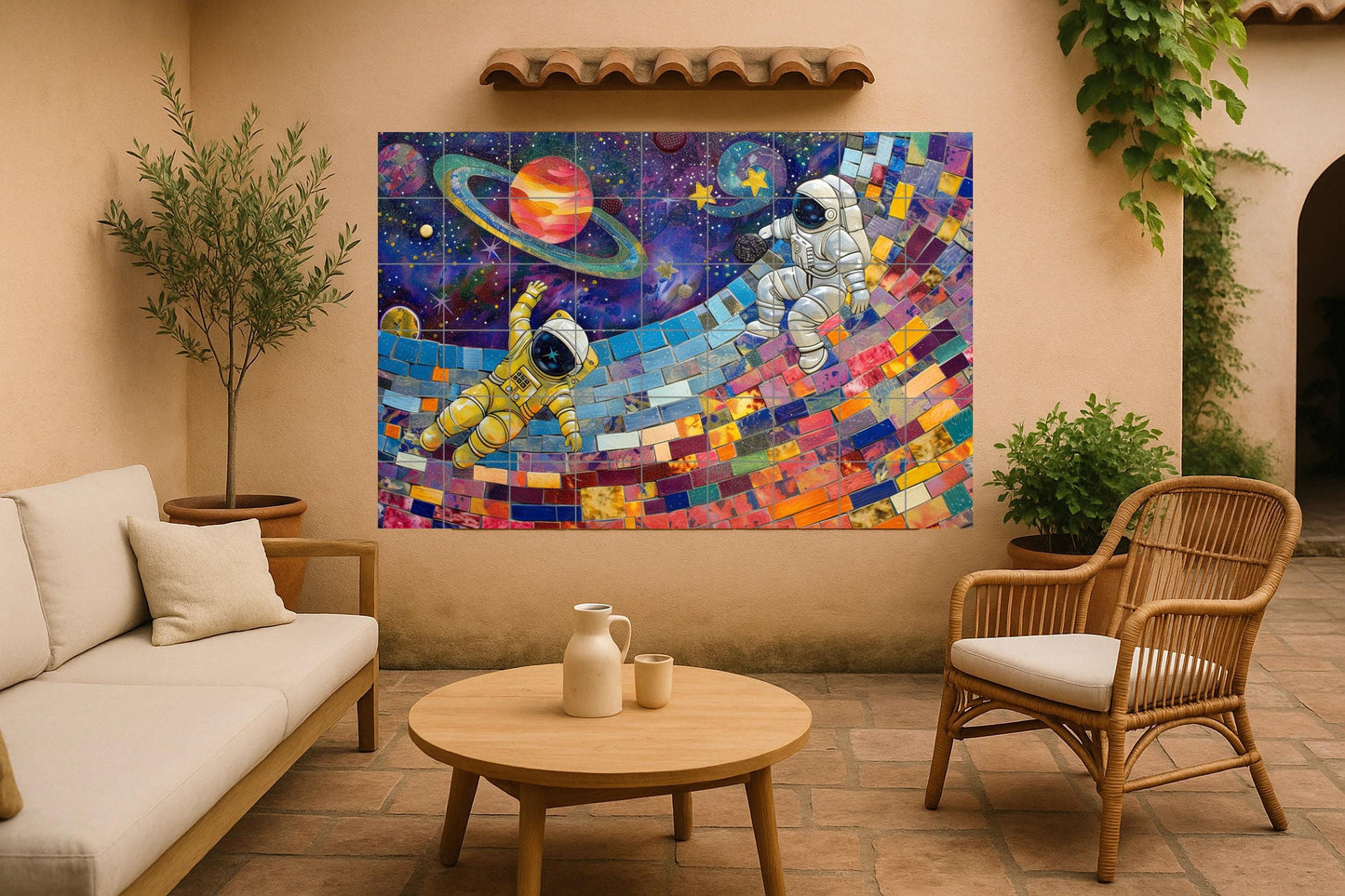 Star Astronaut Mosaic • Vibrant Space Tile Mural with Planets, Stars, and a Rainbow Path • Cosmic Ceramic Wall Art for Dreamers