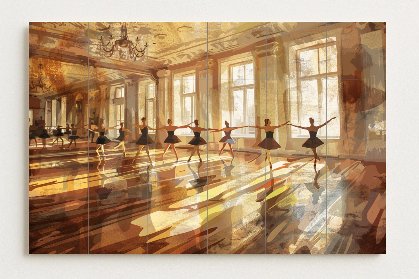 Ballet Rehearsal Tile Mural • Morning Light with Ballerinas in a Golden Studio • Elegant Ceramic Wall Art for Dance Lovers and Interior Decorators