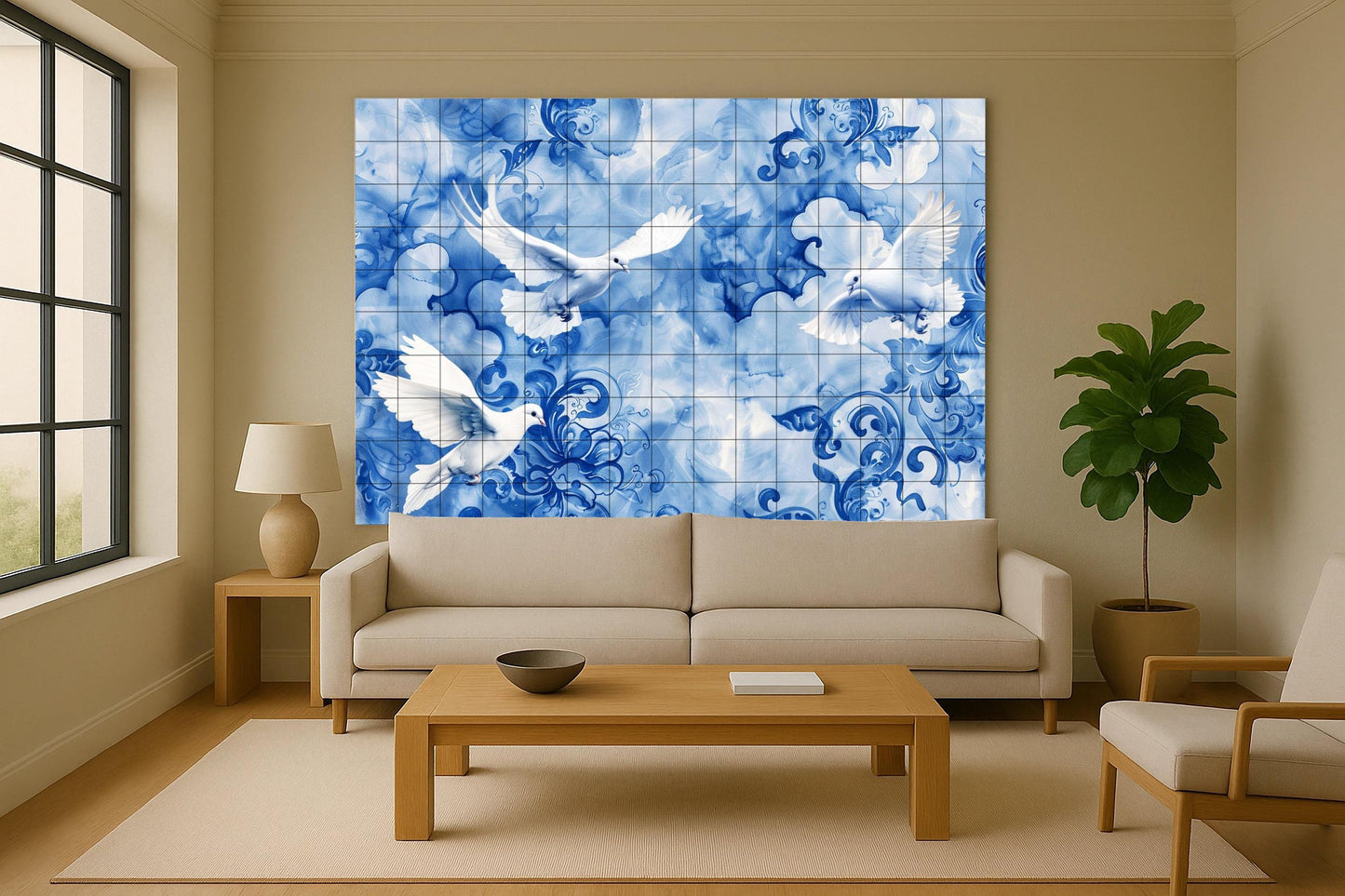 Peace Dove Mural • Wall Art with Flying Dove Tiles • Ceramic Panel with Symbol of Renewal • Serene Blue Decor • Ceramic Scene of Harmony and Healing