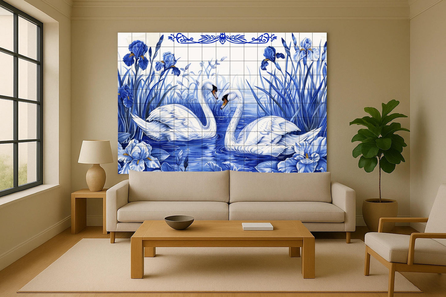 Love mural with swans • Romantic swan couple tile wall art • Ceramic panel with symbol of devotion • Elegant lakeside decor • Blue iris floral scene