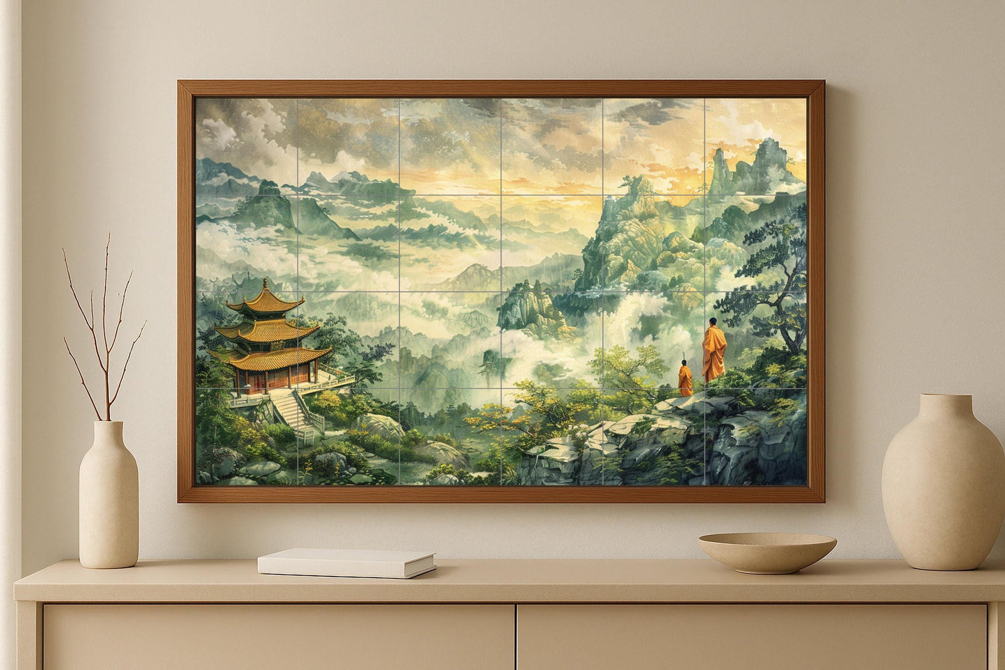 Buddhist mountain mural • Temple tile mural art • Zen monk pilgrimage decoration • Sacred path ceramic panel • Misty monastery scene